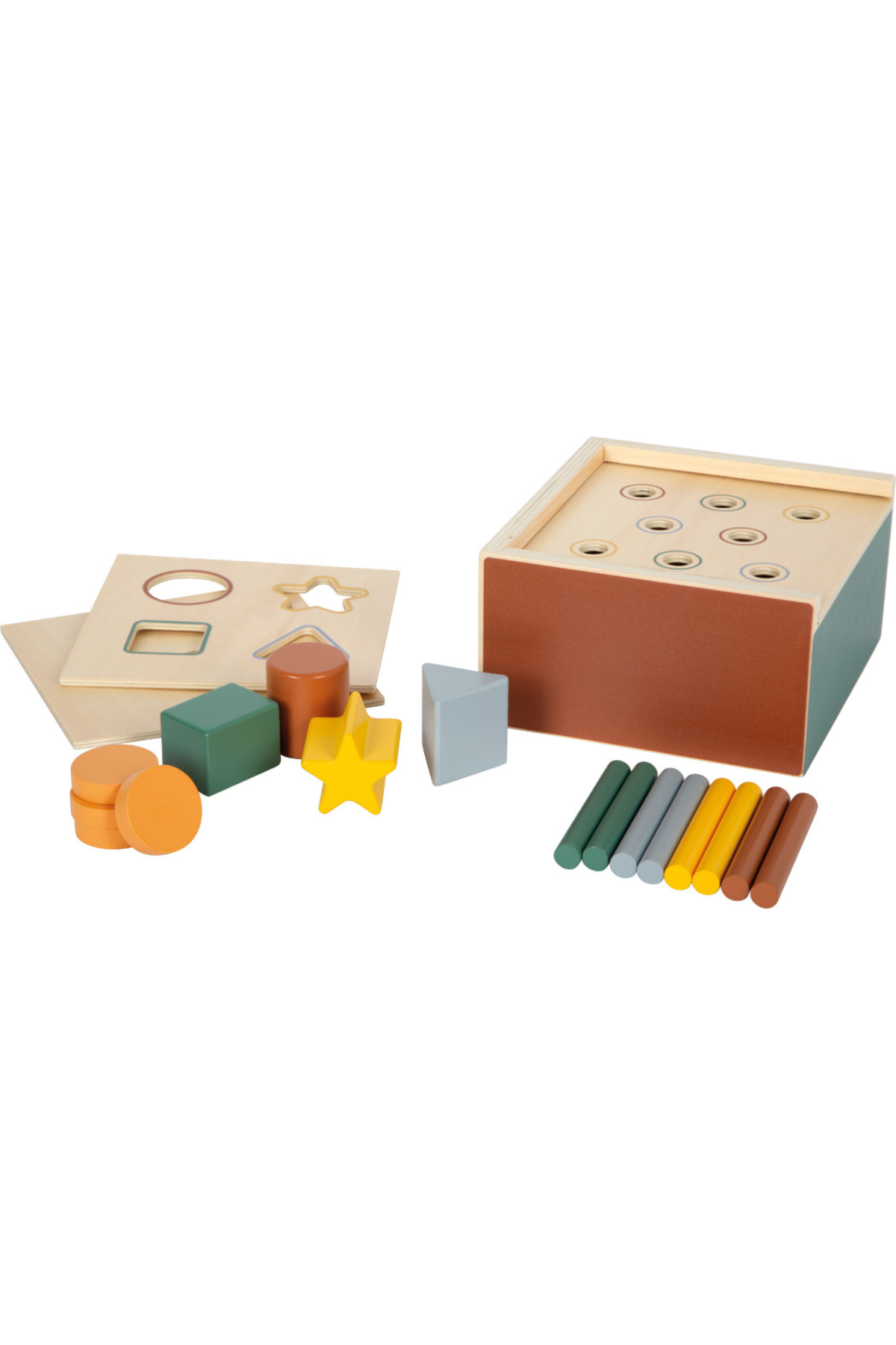 Fjölhæft Montessori leikfang úr við með loki og formum