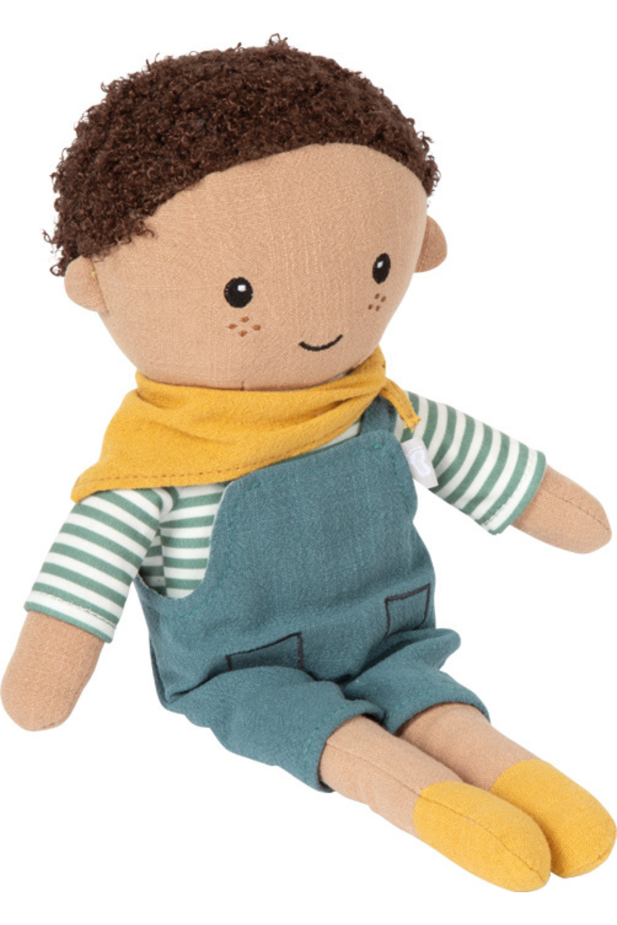 Leó tuskudúkka sitjandi – mjúk barnadúkka með smekkbuxum