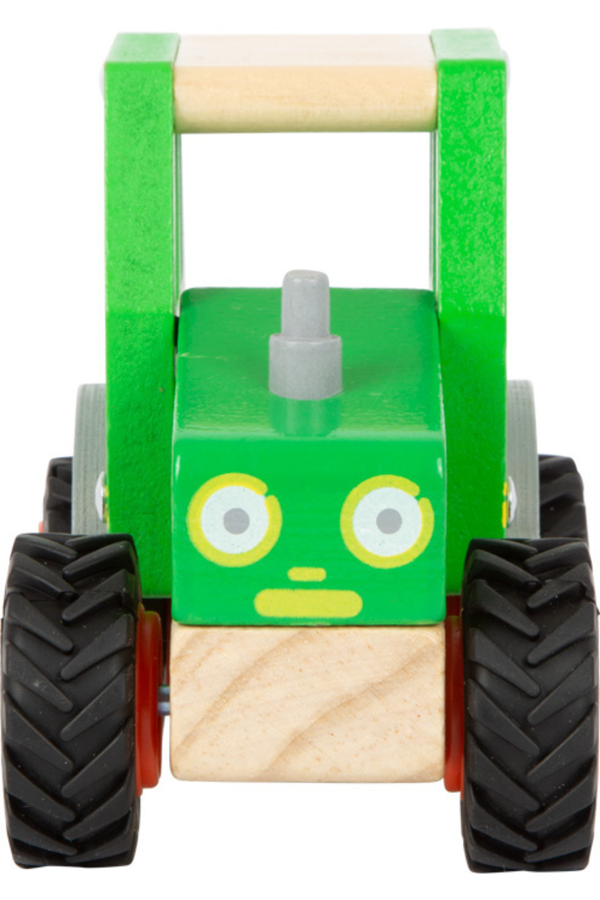 Viðartraktor fyrir börn sýndur framan frá með stórum dekkjum