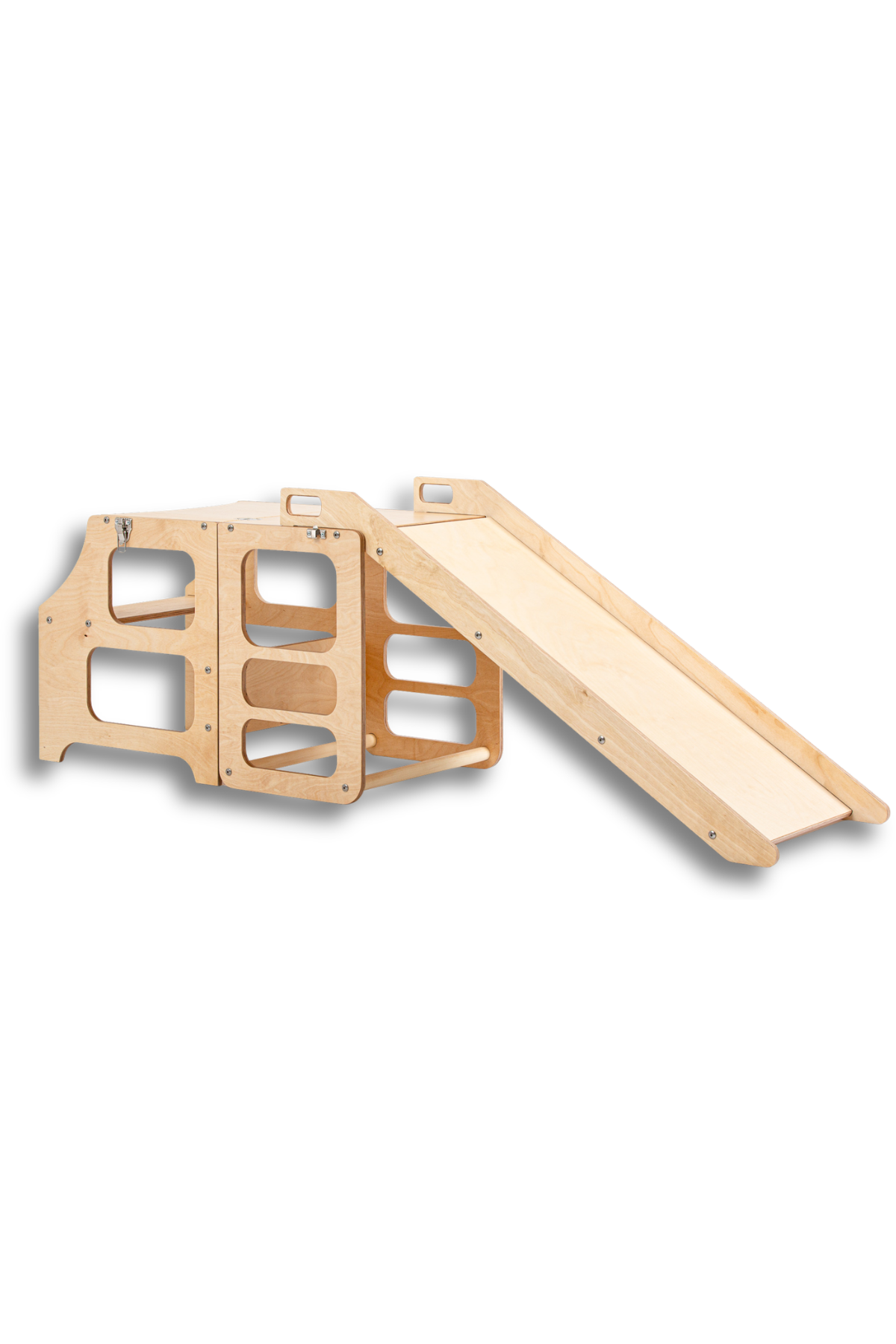 Natural Wood Viðar 3in1 Montessori hjálparturn með rennibraut – step stool, leikturn og renna í einu