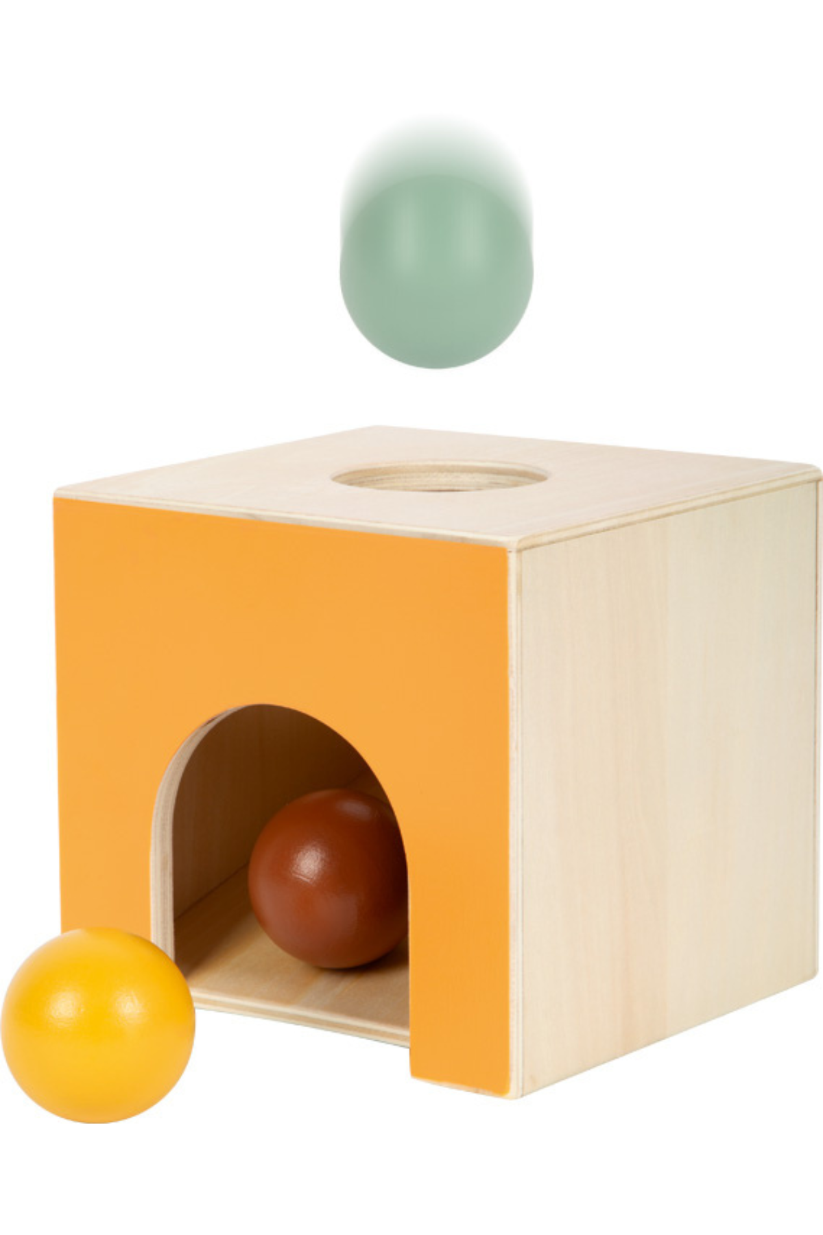 Montessori object permanence box með þremur trékúlum.