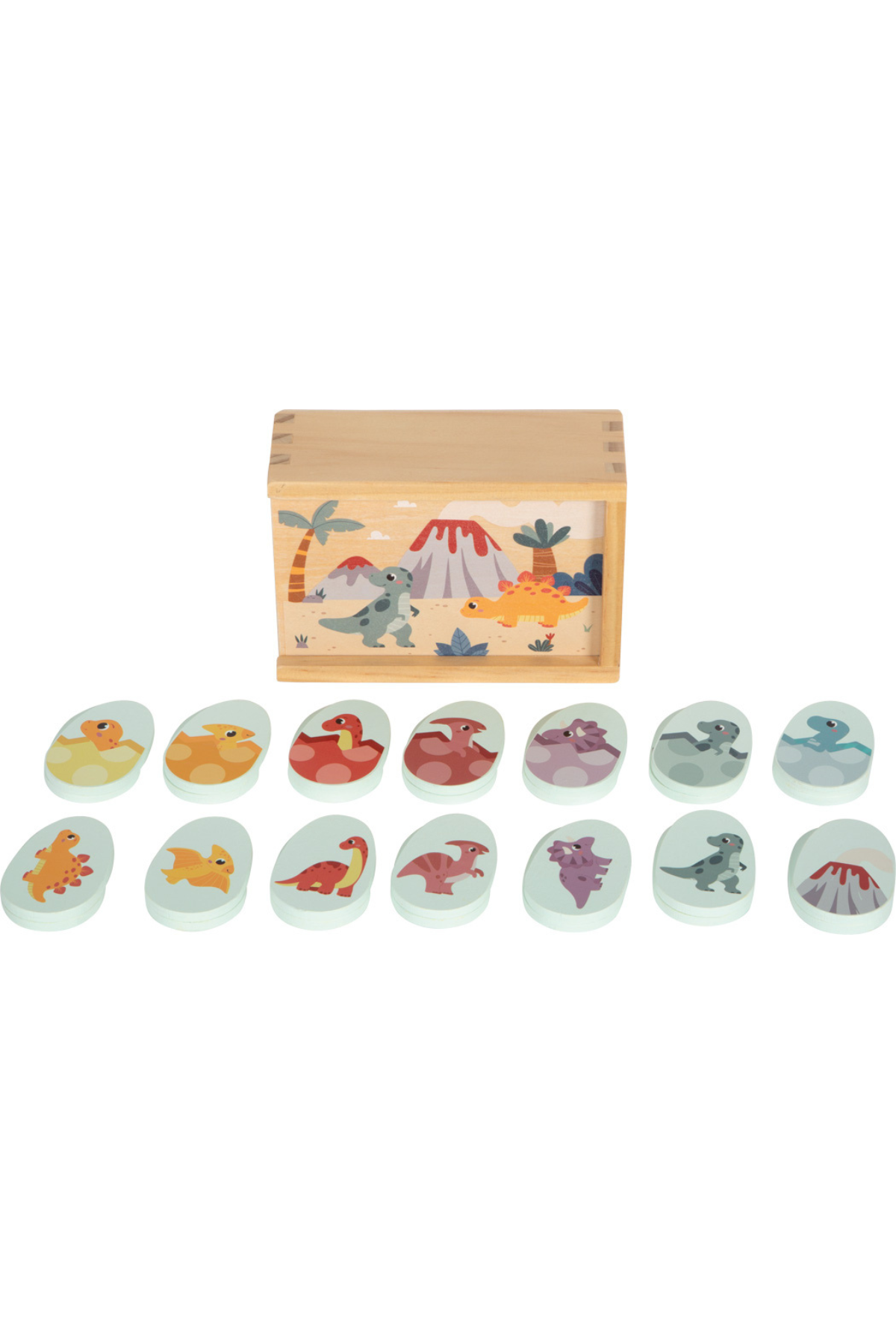 Samstæðuspil Dino með öllum spjöldum raðað upp og geymslukassa í bakgrunni