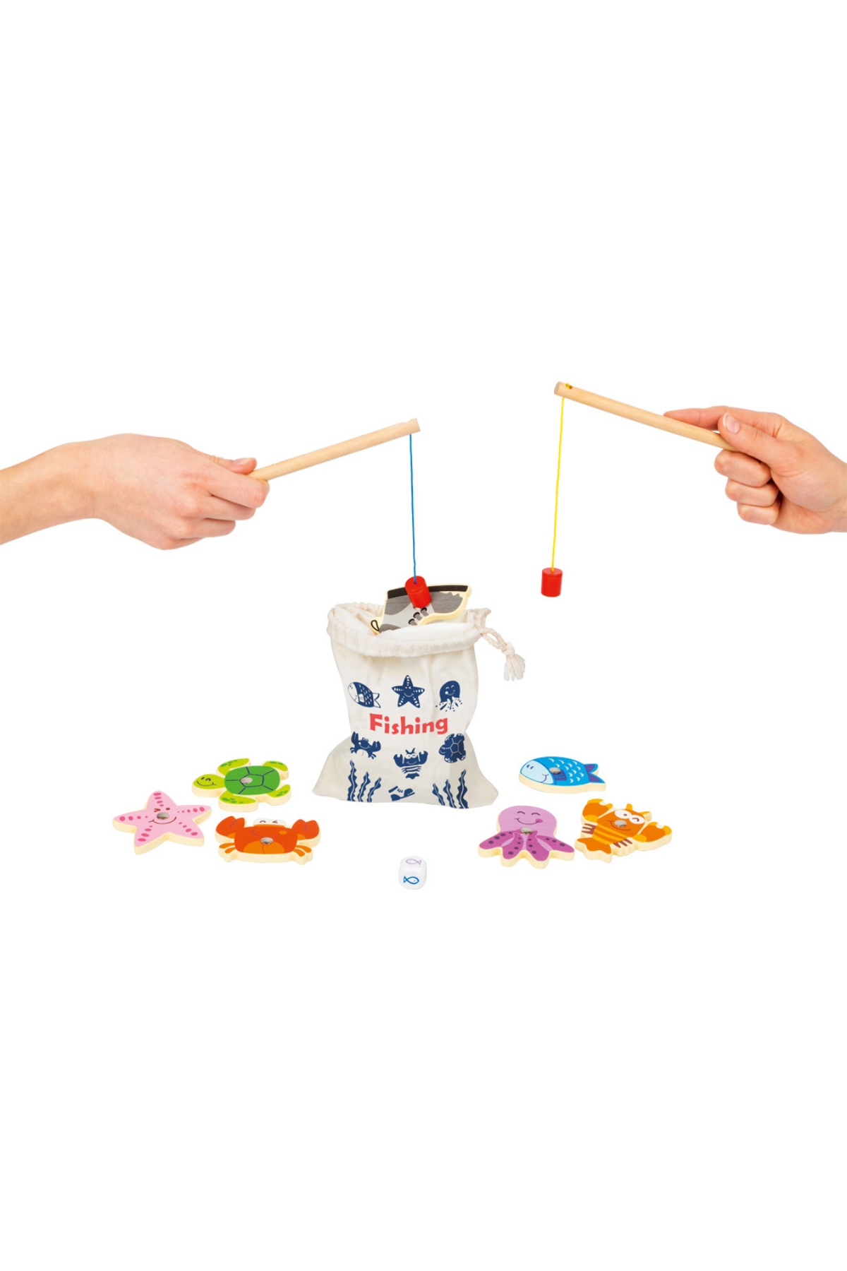 Fiska spil fyrir börn með öllum fylgihlutum uppstilltum, þar á meðal veiðistöngum, sjávardýrum og geymslupoka