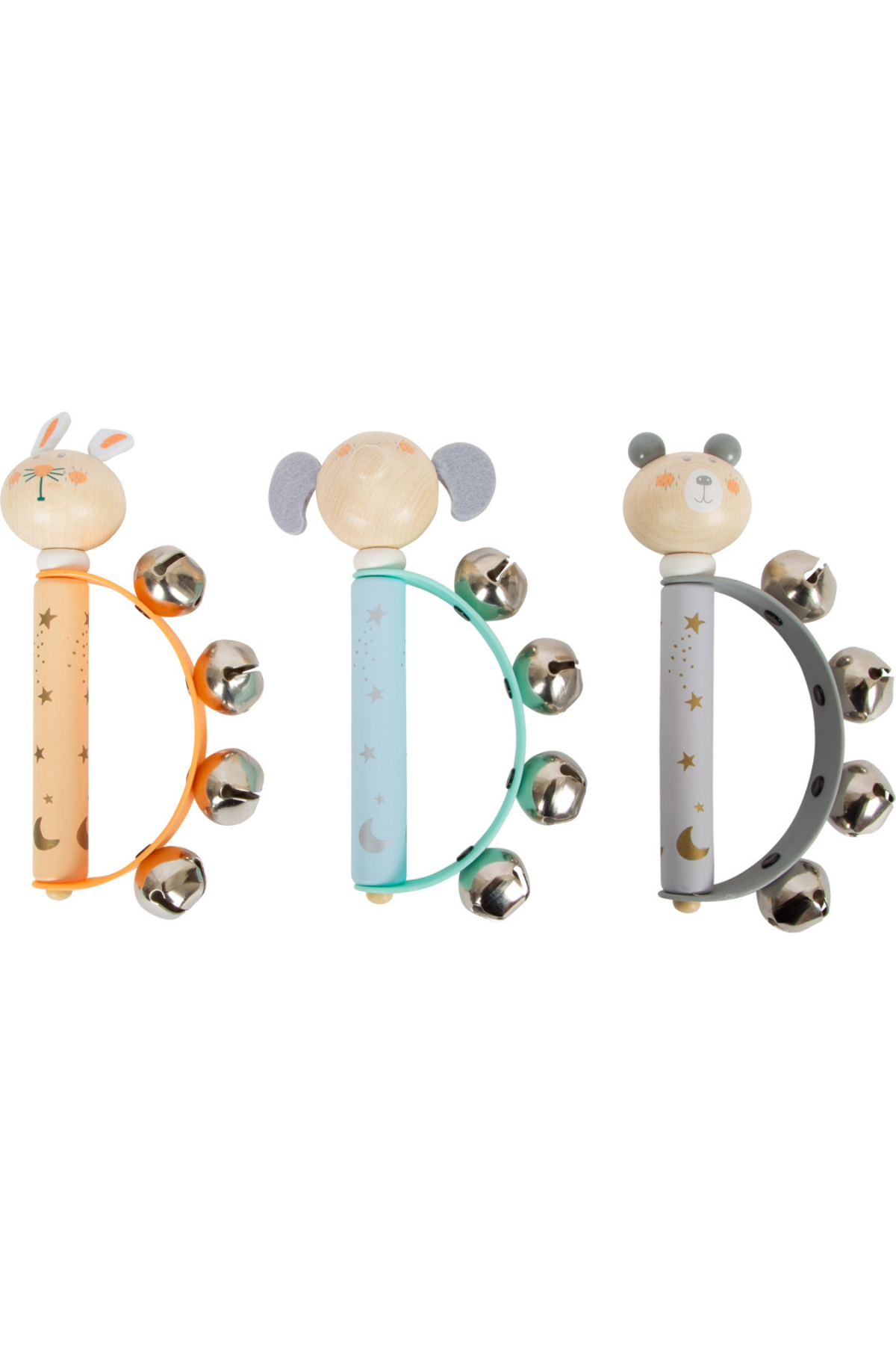 Þrjú pastel barnahljóðfæri frá Small Foot í mismunandi dýrahönnun með bjöllum.