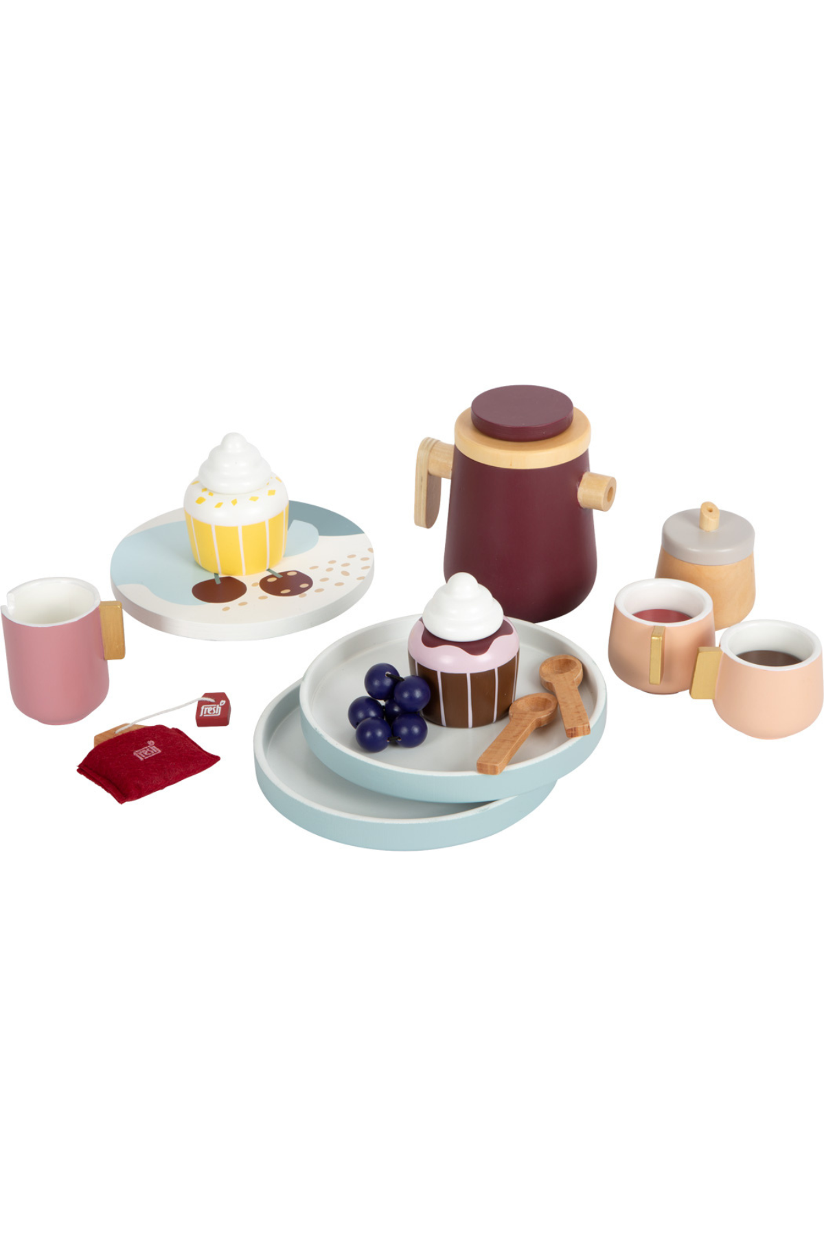 Kaffi og Te sett frá Small Foot með viðarbollum, muffins, bláberjum, teketli, mjólkurkönnu og gylltum smáatriðum