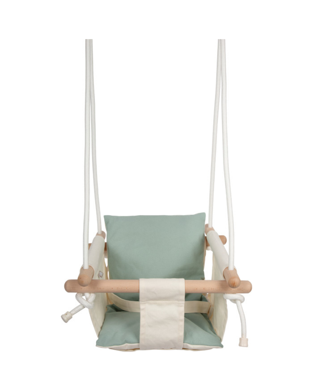 Barna róla úr við með mjúku grænu sæti og öryggisbelti