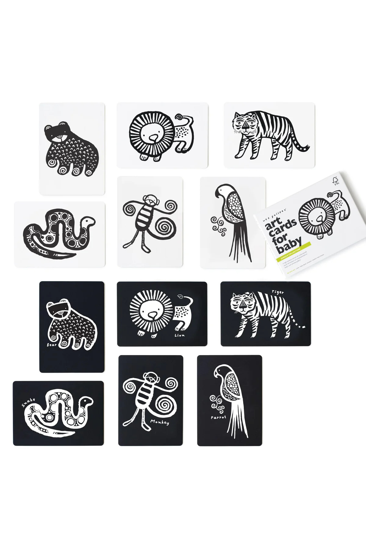 Set of black and white animal illustrations on cards with a card holder.