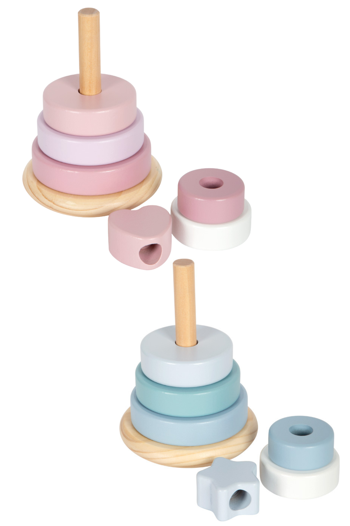 Staflturn úr við í bleikum eða bláum pastel litum með hjarta eða stjörnu efst – Small Foot staflleikfang