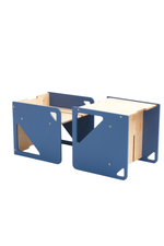 2in1 montessori cube sett í náttrúrulegum bláum og viðar lit.