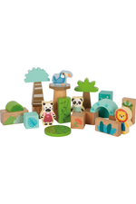 Set of wooden animal blocks with colorful designs on a white background
