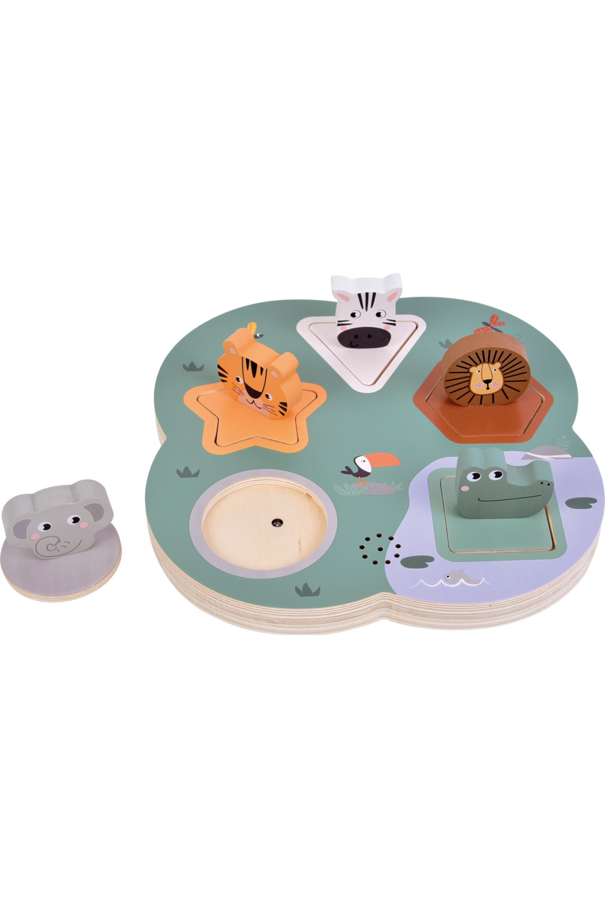 3D Safari hljóðpúsl frá Small Foot með trédýrum á púsla­borði.