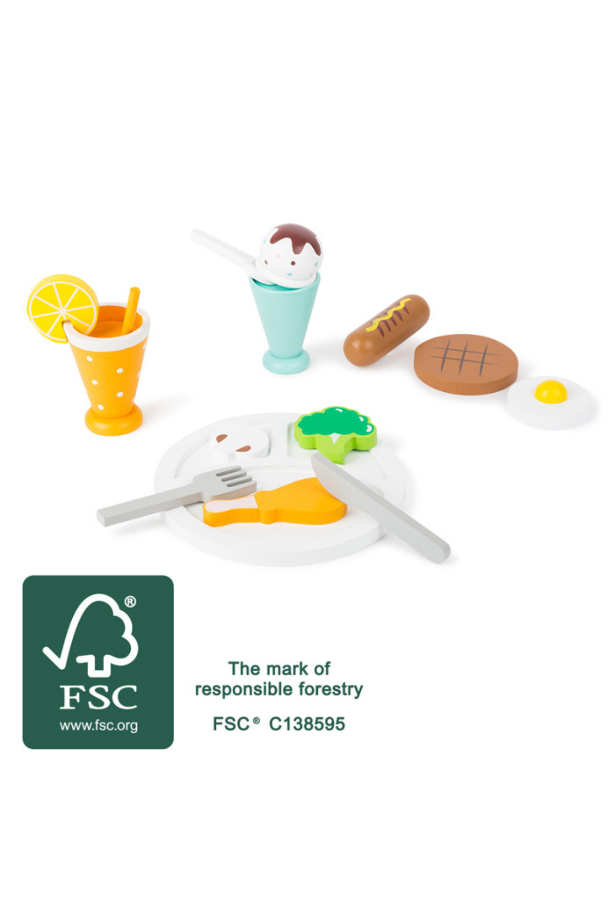 Lunch Break leikmáltíð úr FSC viði – diskur, hnífapör og matarleikföng.