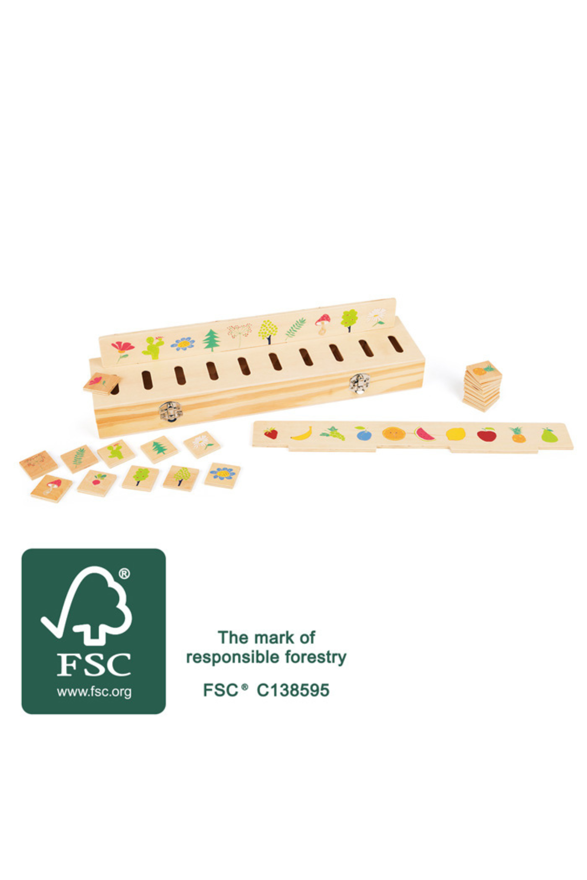 Flokkunarbox úr FSC®-vottuðum viði með kubbum og skiptiborðum fyrir dýr, ávexti og grænmeti.