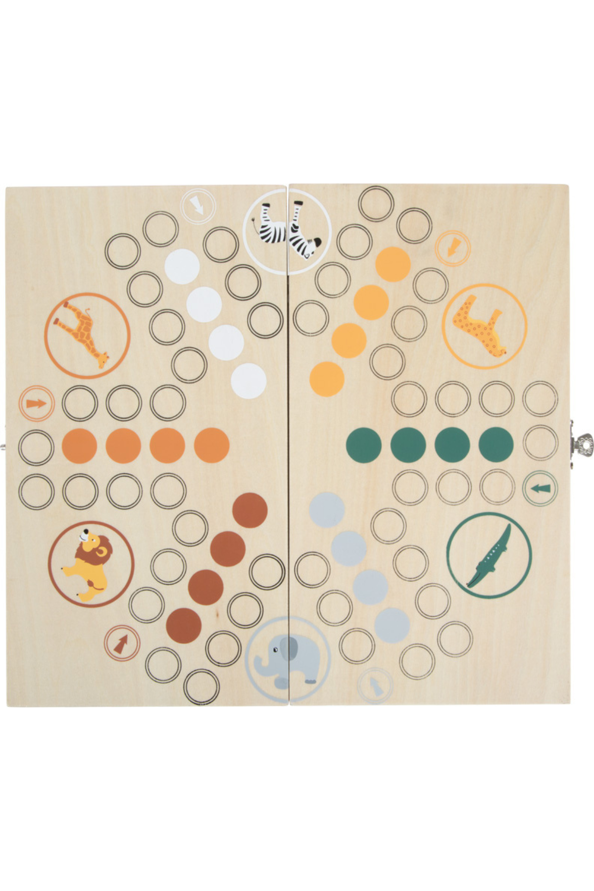 Ludo Safari spilaborð séð ofan frá með litríkum leiðum og dýrafígúrum fyrir 6 leikmenn