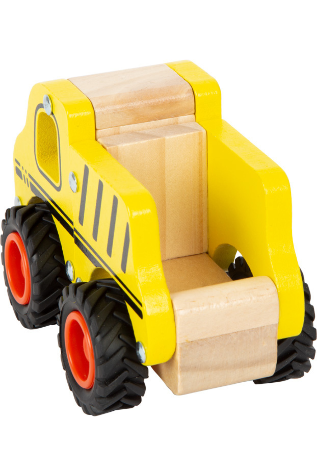 Gulur leikfanga vörubíll úr við séður frá hlið