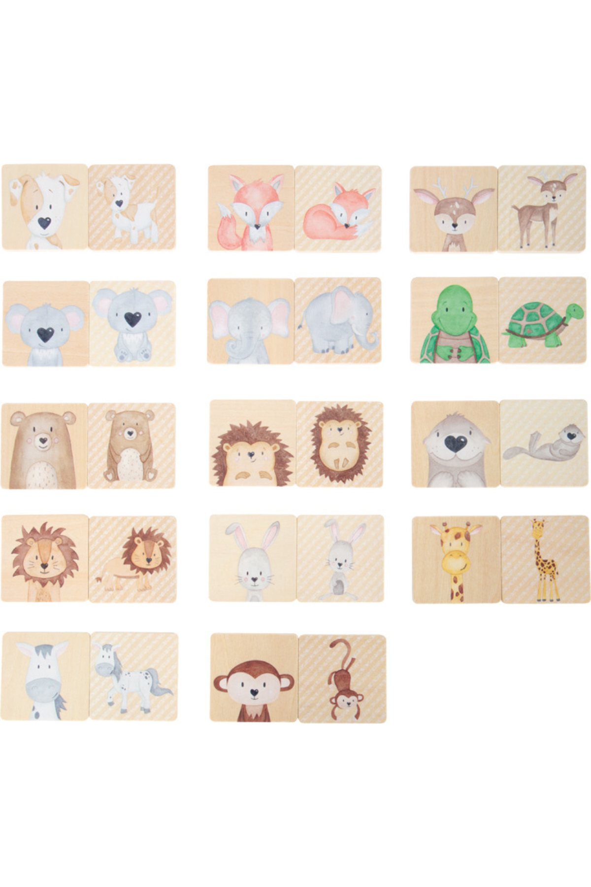 Memory spil úr við með 14 pörum af dýramyndum