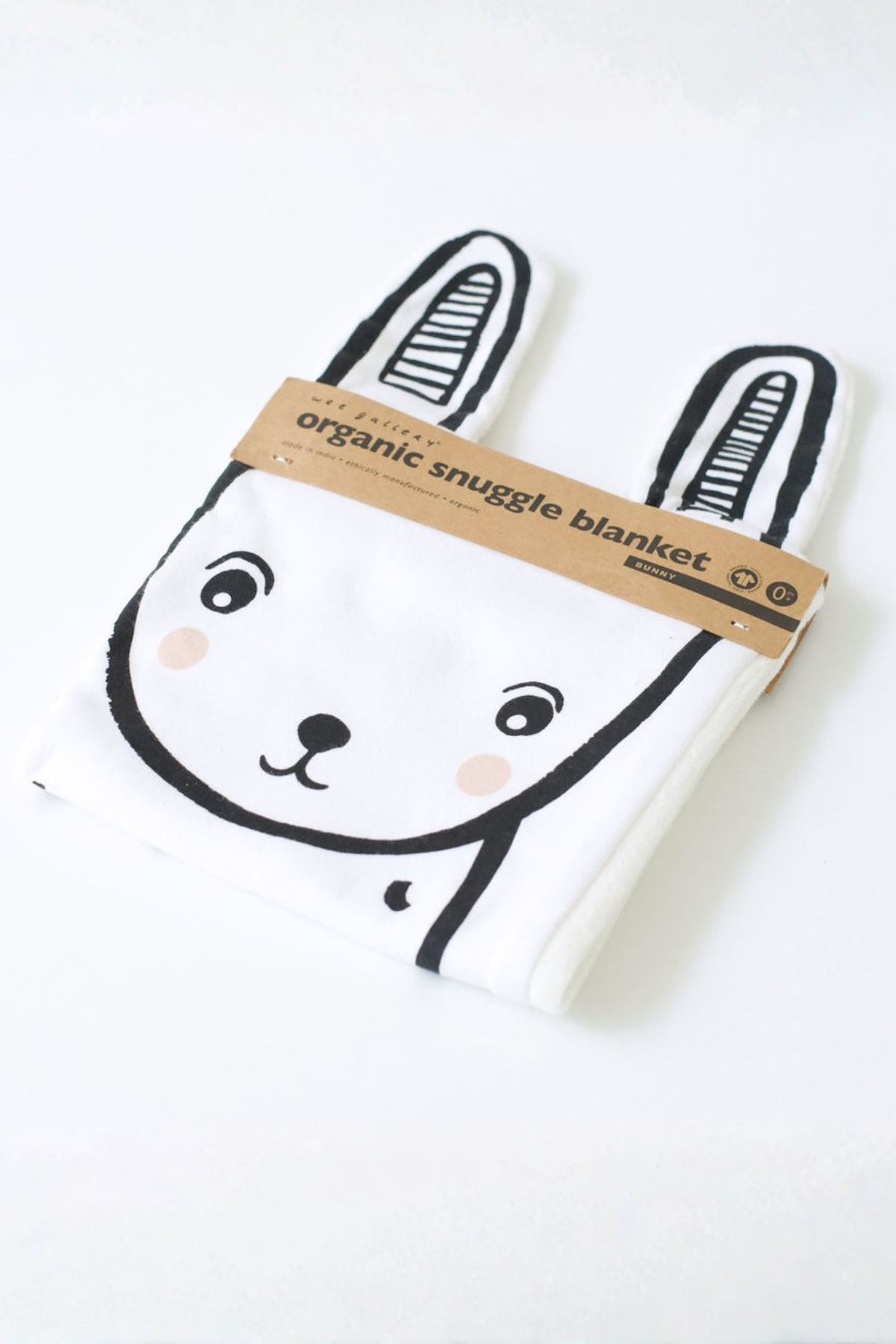 Wee Gallery Organic Snuggle Blanket Bunny í umbúðum með kanínumynd fyrir nýbura
