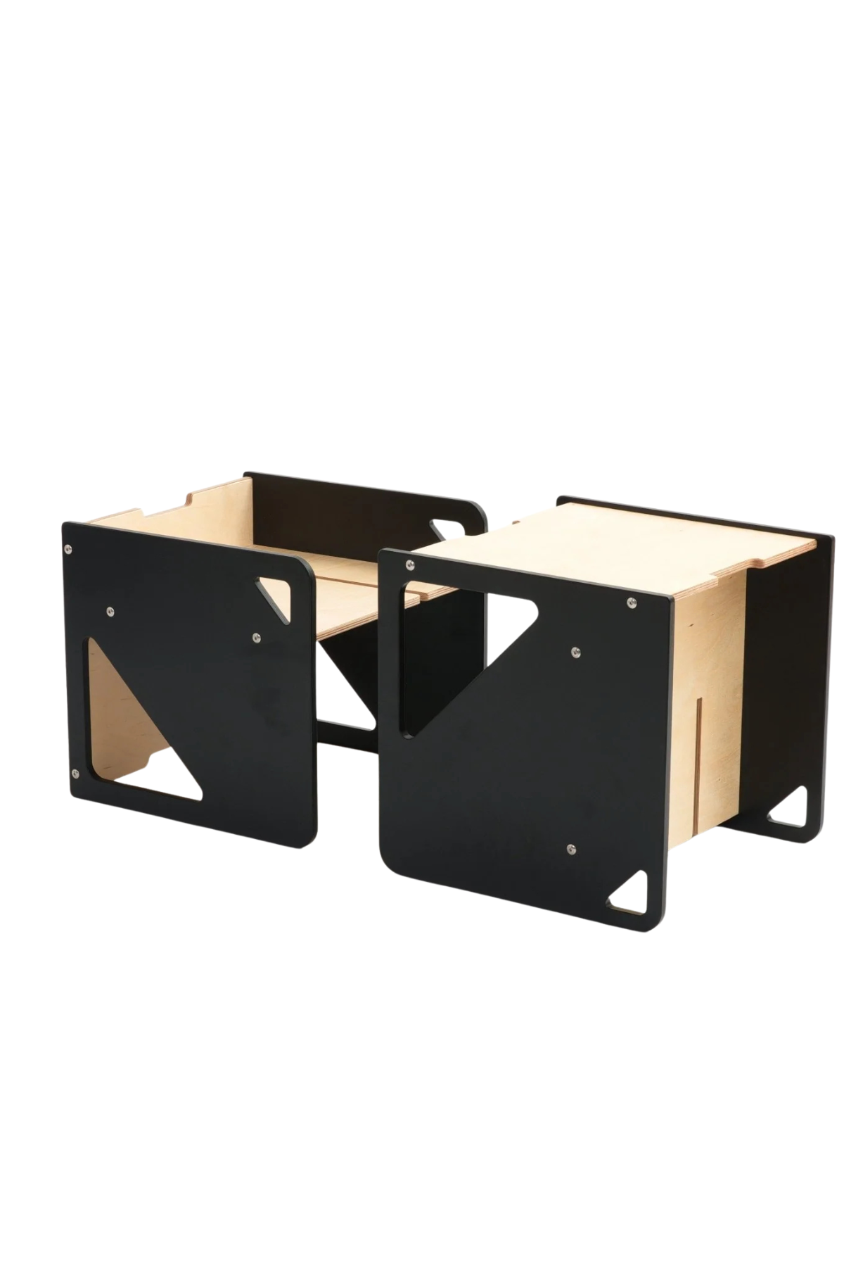 2in1 montessori cube sett í náttrúrulegum svörtum og viðar lit.