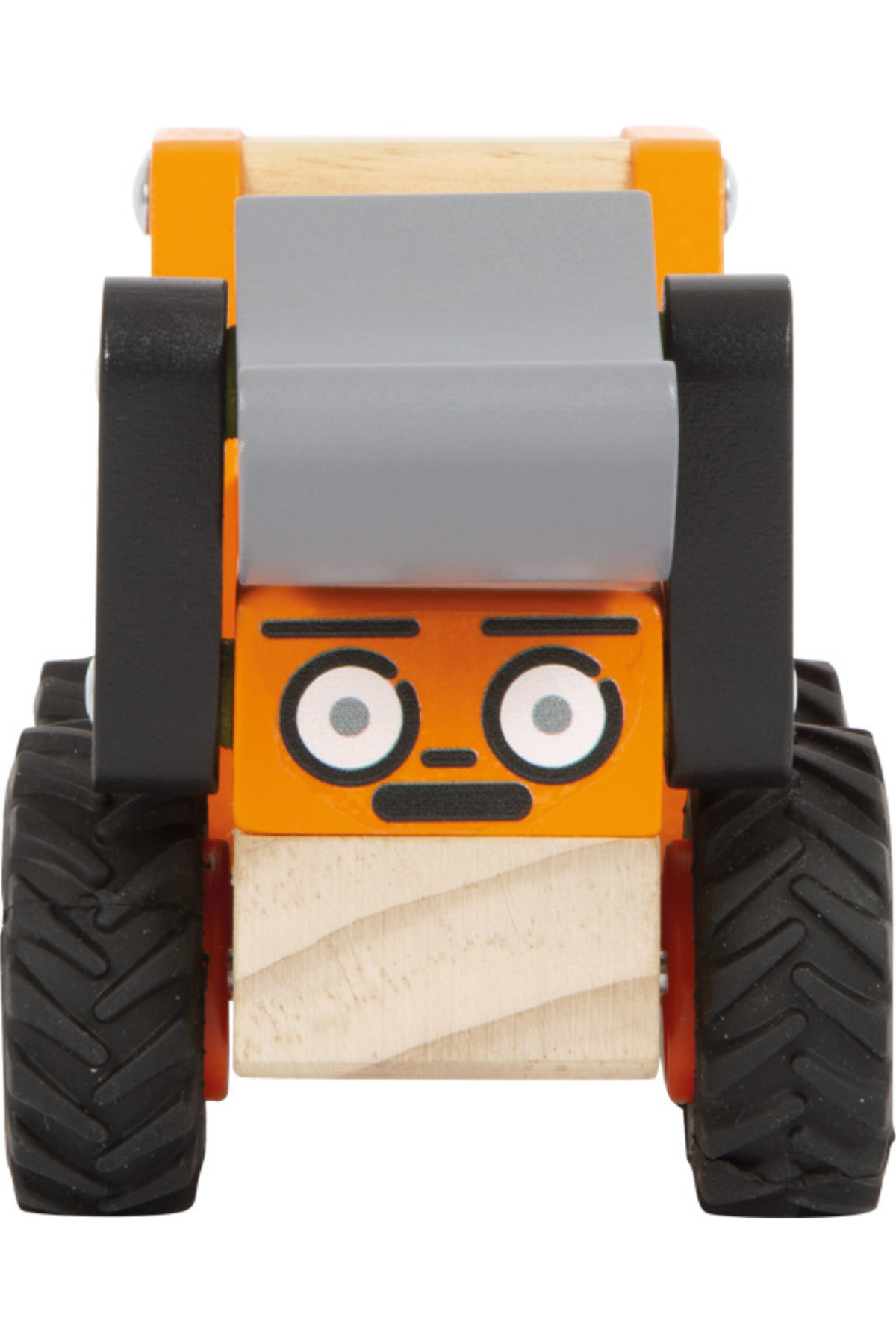 Leikfanga grafa úr við séð framan frá með stórum dekkjum og skóflu