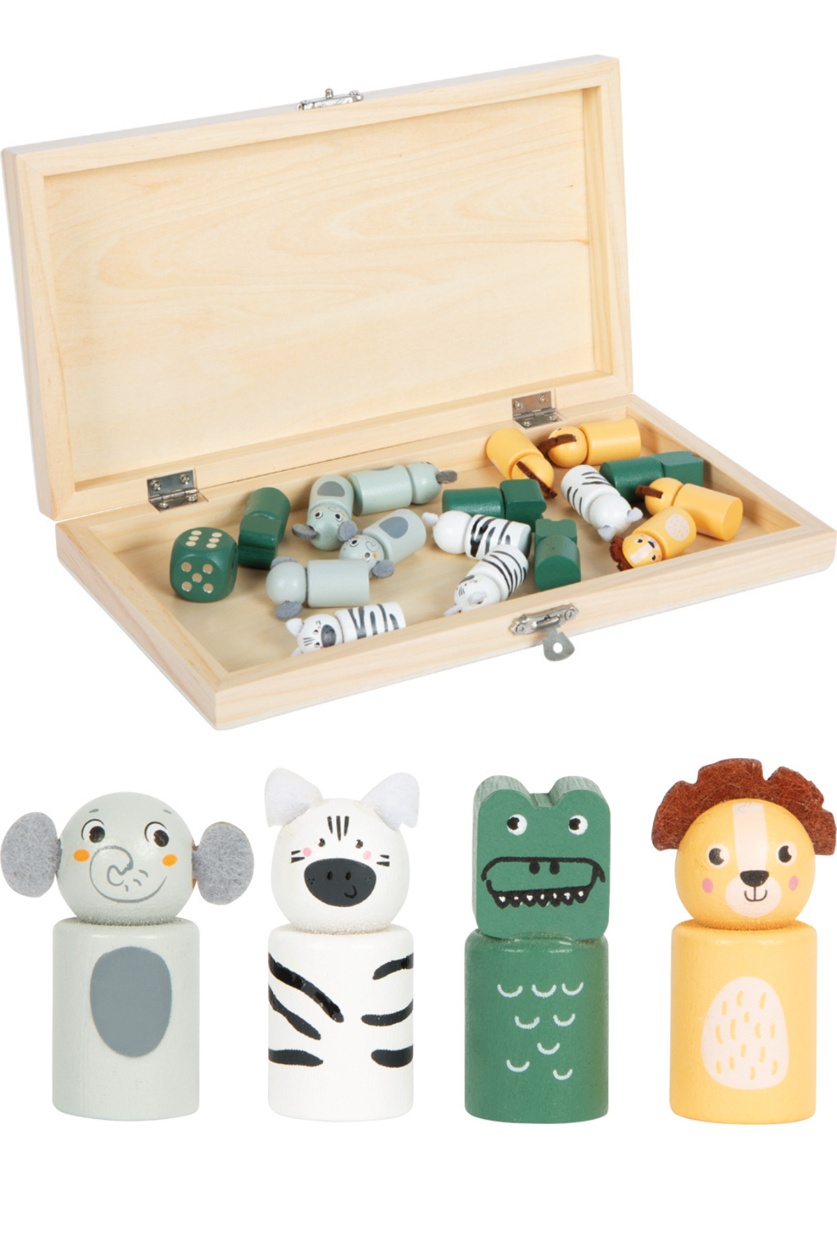 Lúdó Safari leikborð sem er samanbrjótanlegt með innbyggðu geymslurými ásamt Leikfigúrur úr viði í Lúdó Safari – fíll, sebra, krókódíll og ljón