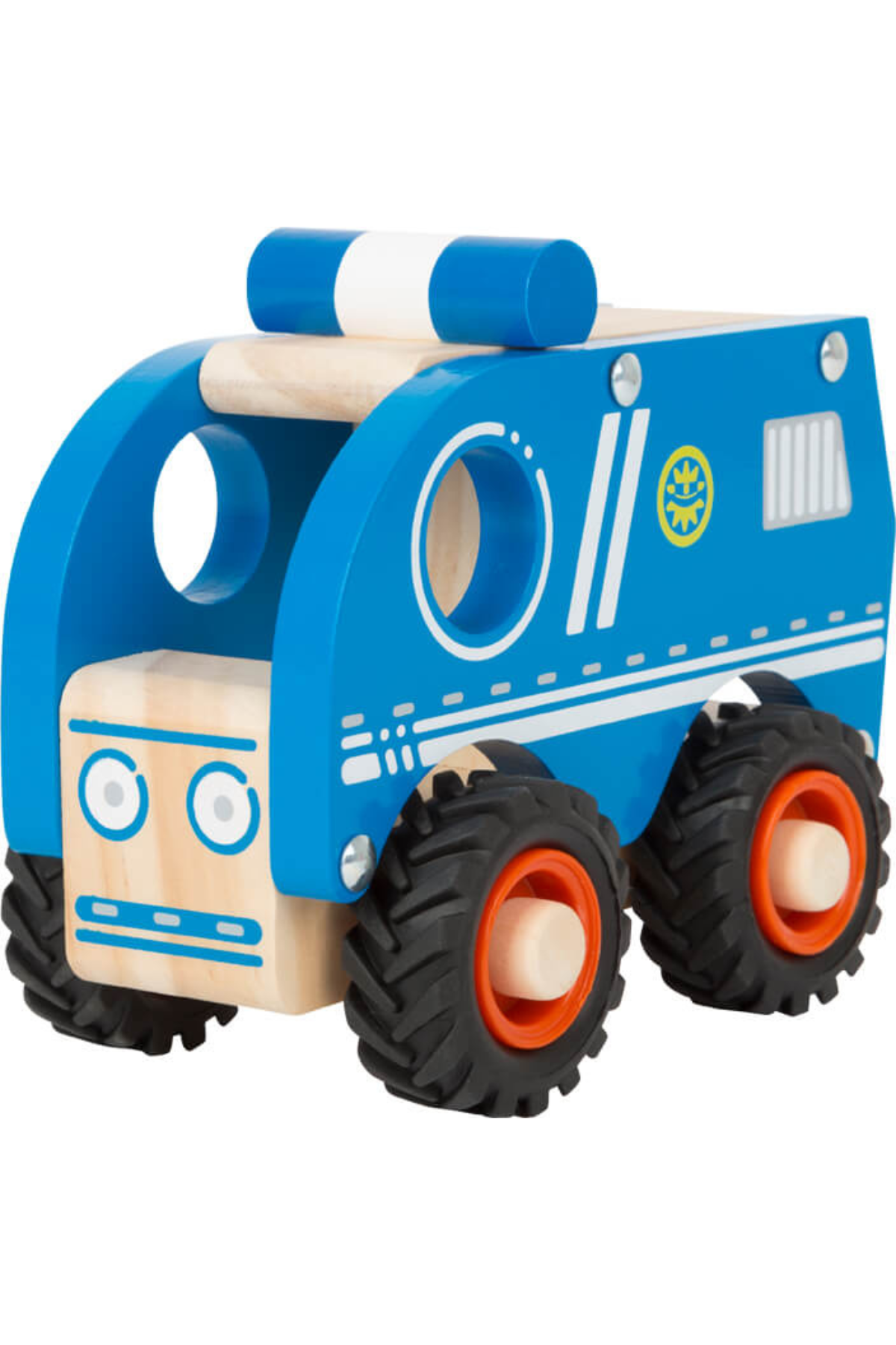 Blár leikfanga lögreglubíll úr við séður frá hlið