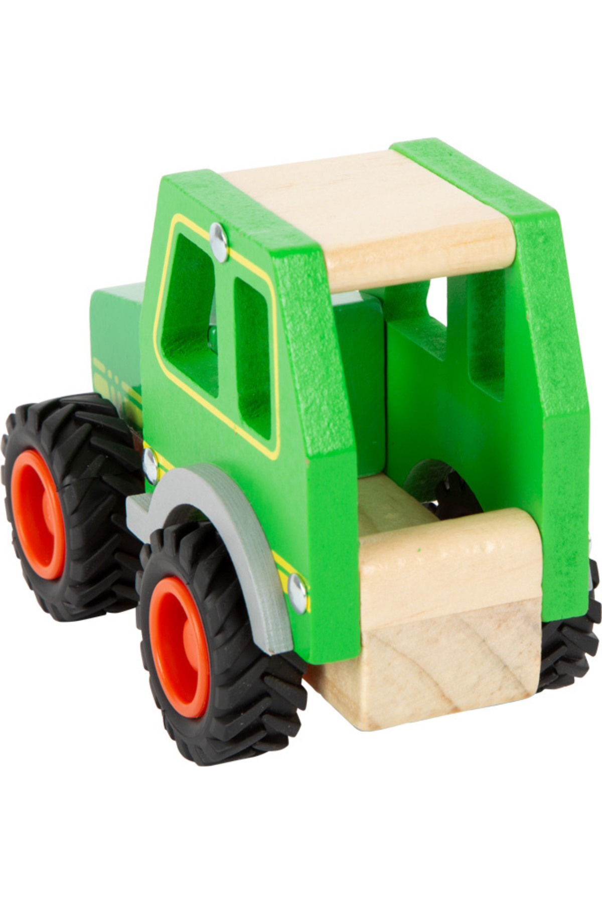 Grænn leikfanga traktor úr við séður frá hlið