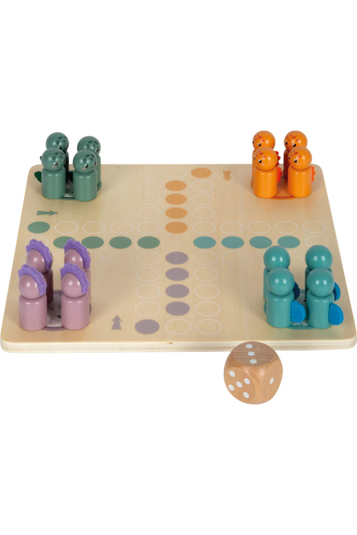 Ludo Dino viðarspil með litríkum leikmönnum og teningi fyrir börn 4 ára+