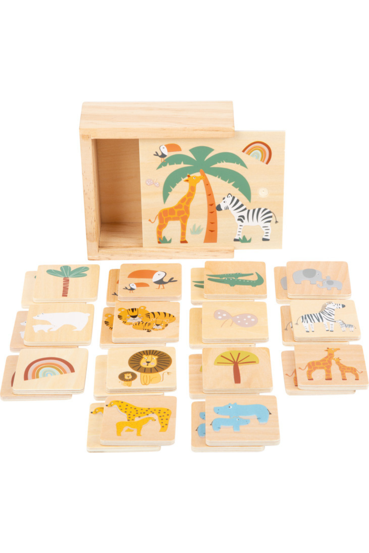 Samstæðuspil Safari úr við með dýramyndum og geymslukassa fyrir börn