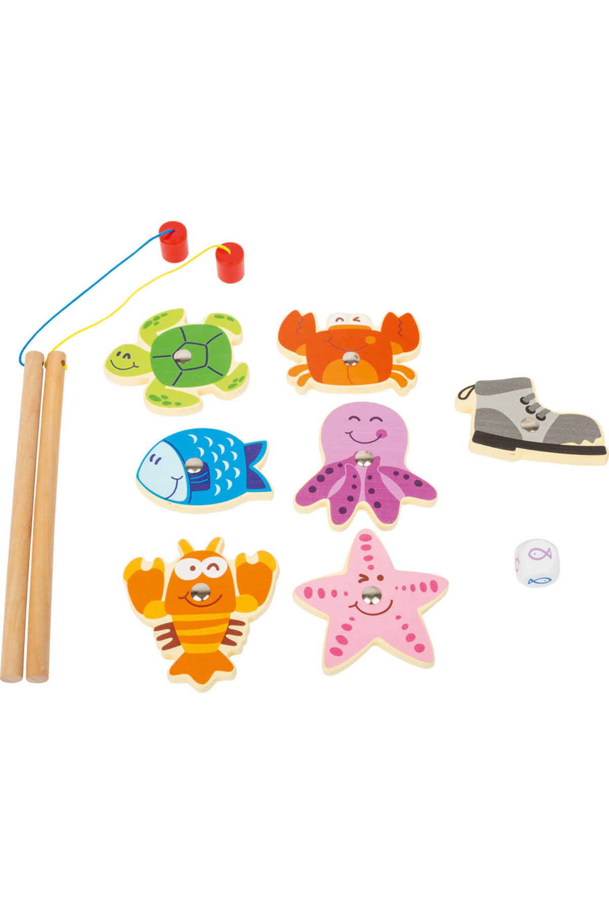 Litrík sjávardýr og fiskahlutir úr við fyrir fiska spil, sýnd sér á hvítum bakgrunni