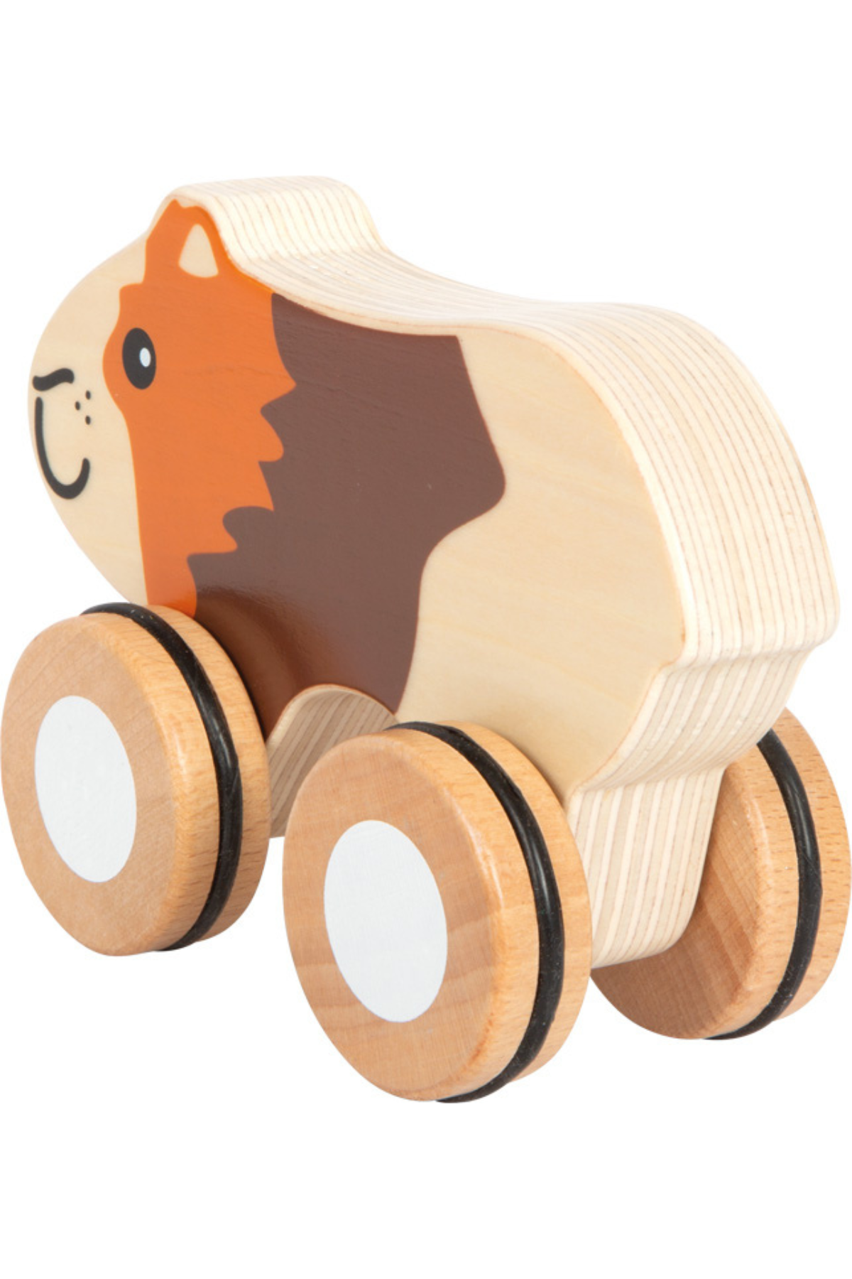 Leikfang í laginu eins og naggrís með fjórum hjólum og brosandi andliti