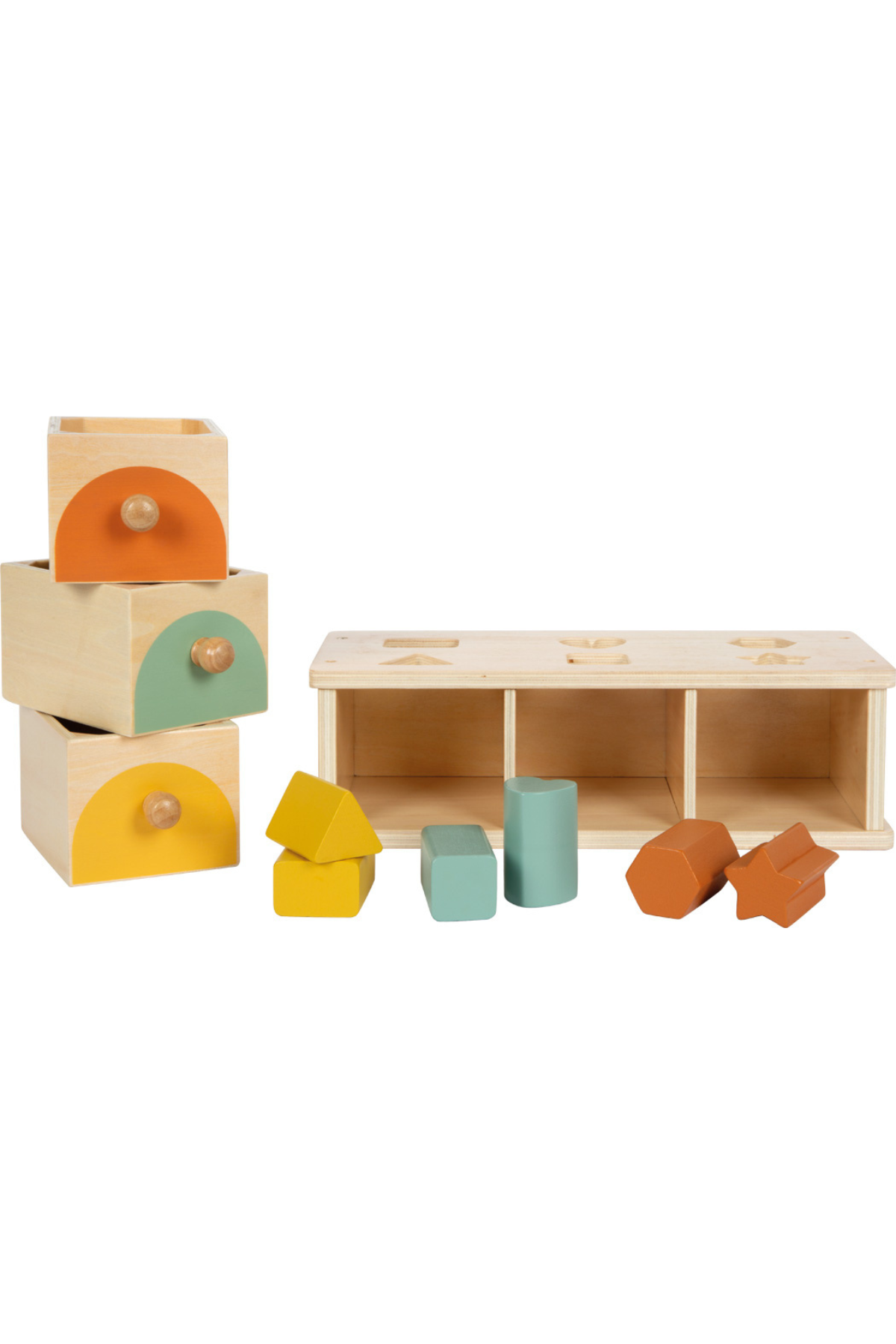 Montessori flokkunarkassi úr við með formum í skúffum
