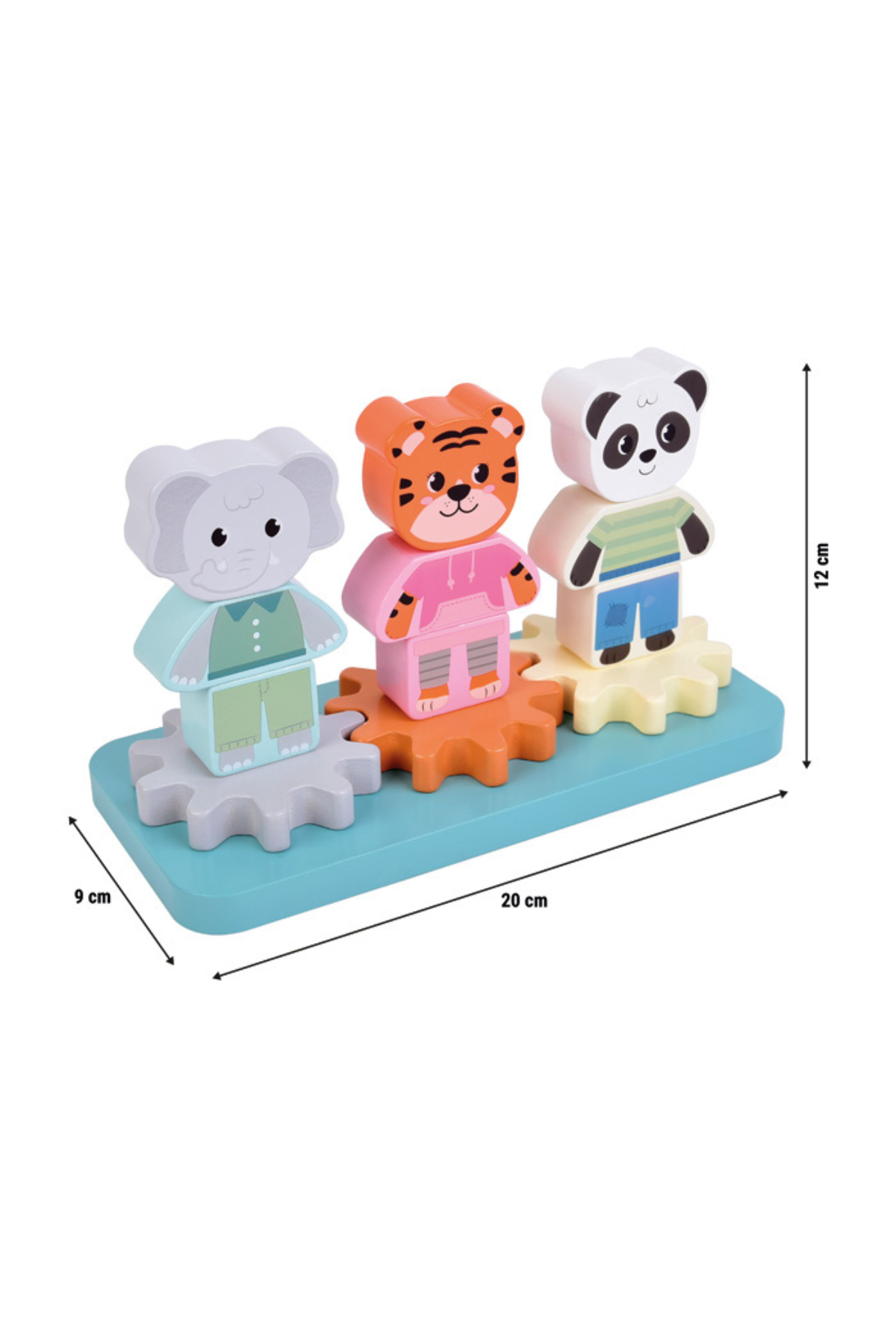 Three animal-themed building blocks with dimensions on a white background
