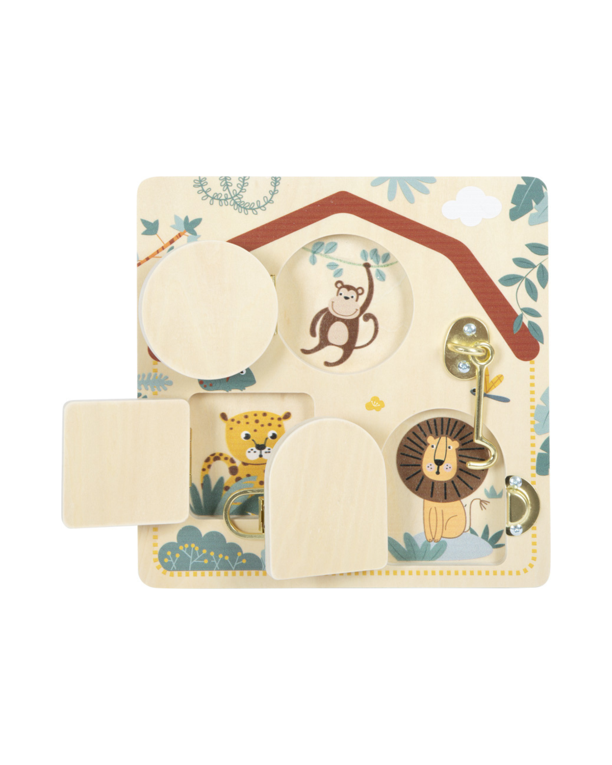 Lásaspjald úr við fyrir börn með safari dýramyndum og læsingum