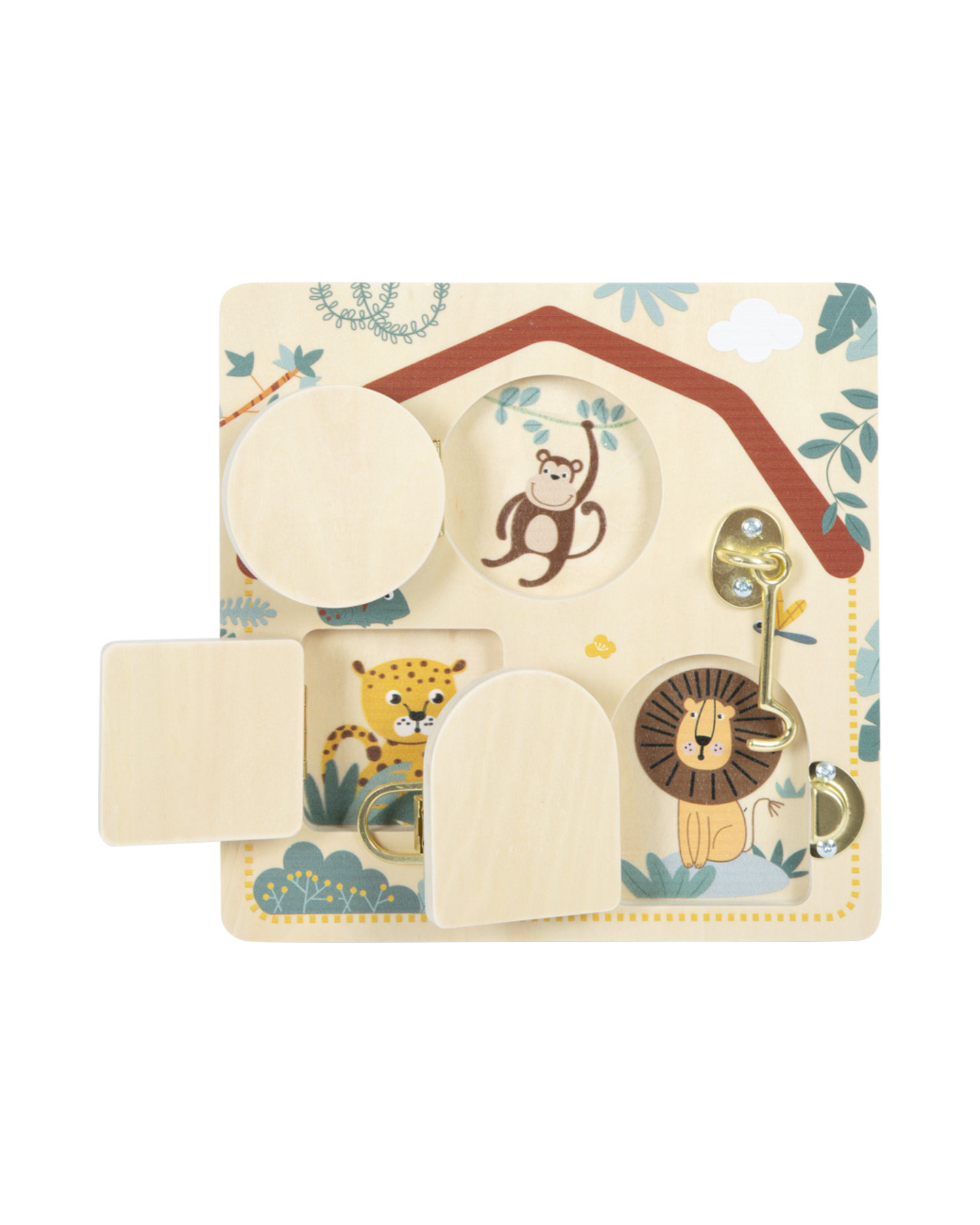 Lásaspjald úr við fyrir börn með safari dýramyndum og læsingum