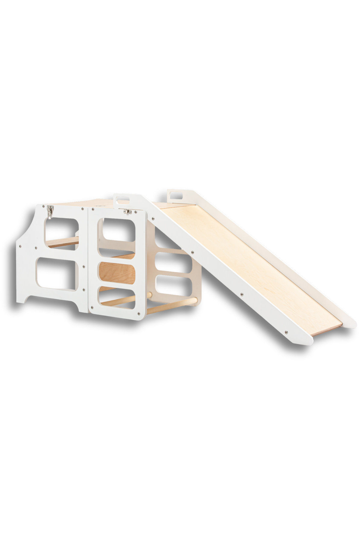 Hvítur 3in1 Montessori hjálparturn með rennibraut – step stool, leikturn og renna í einu