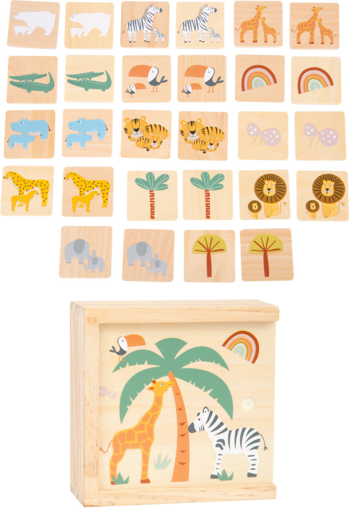Samstæðuspil Safari með öllum spjöldum raðað upp og viðarkassa í bakgrunni