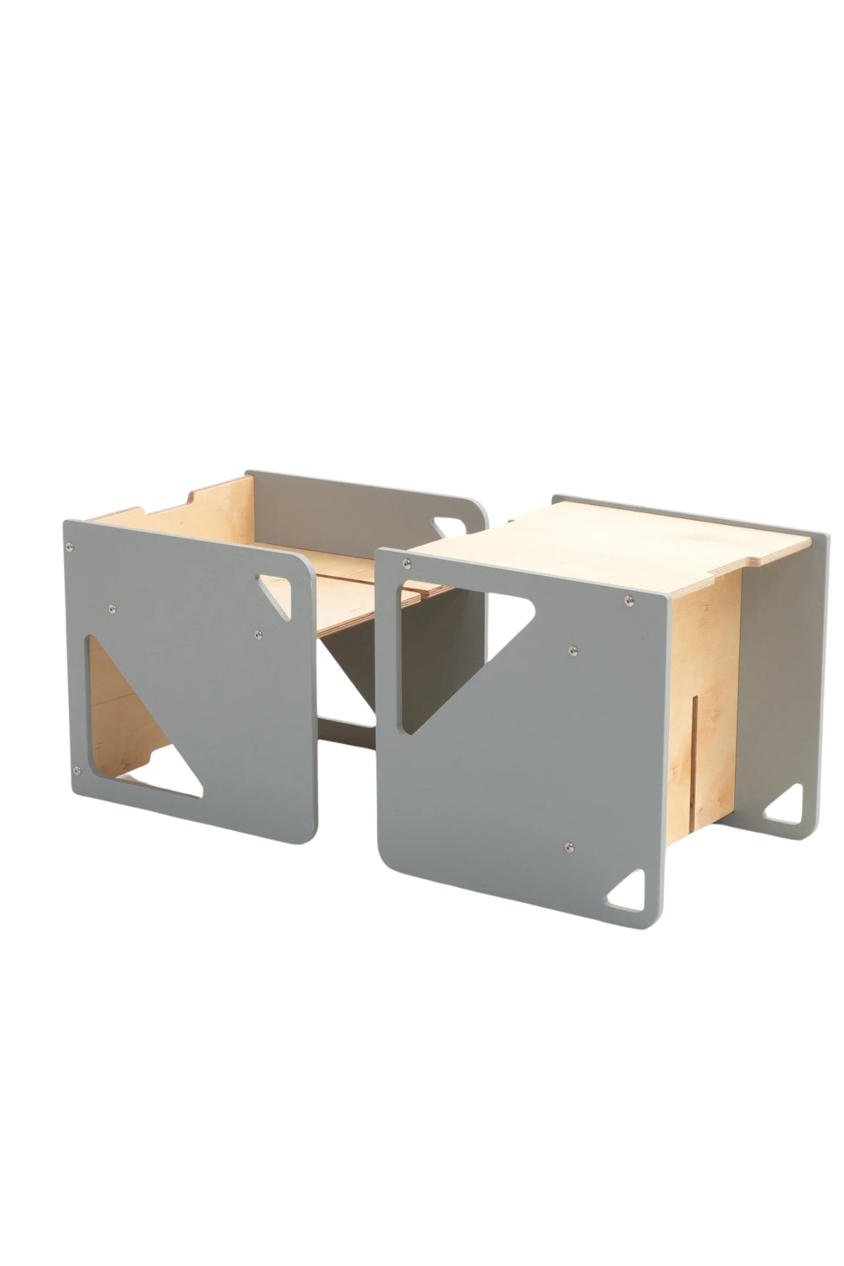 2in1 montessori cube sett í náttrúrulegum gráum og viðar lit.