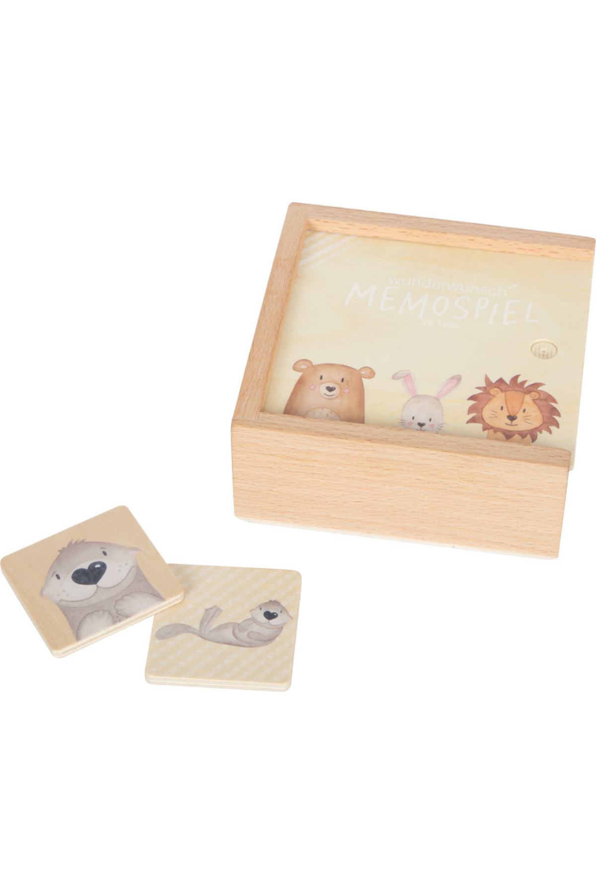 Samstæðu spil í viðarkassa með renniloki – barnaspil