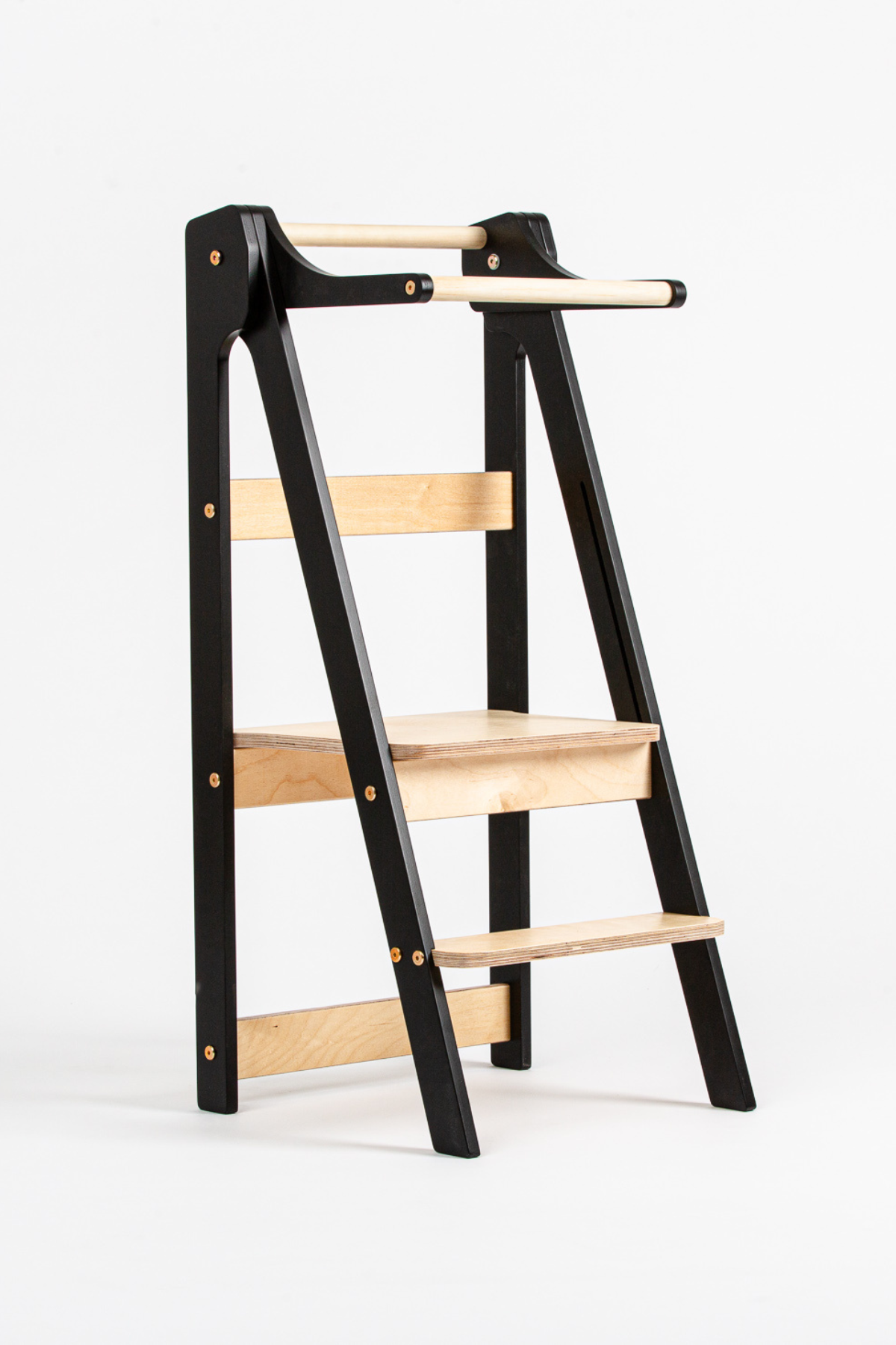 Svartur samanbrjótanlegur Montessori hjálparturn fyrir börn – klappturn úr við fyrir eldhús og heimili