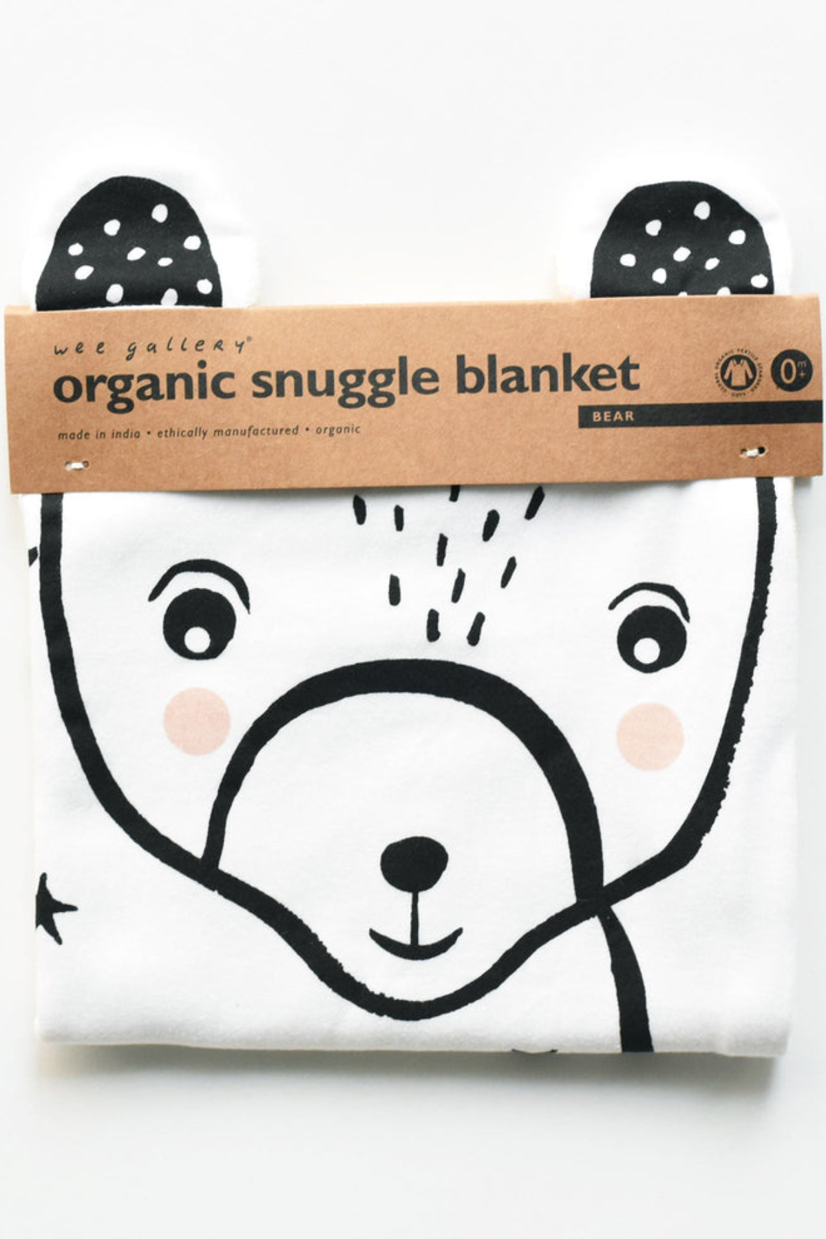 Wee Gallery Organic Snuggle Blanket Bear í umbúðum með bjarnarmynd fyrir nýbura