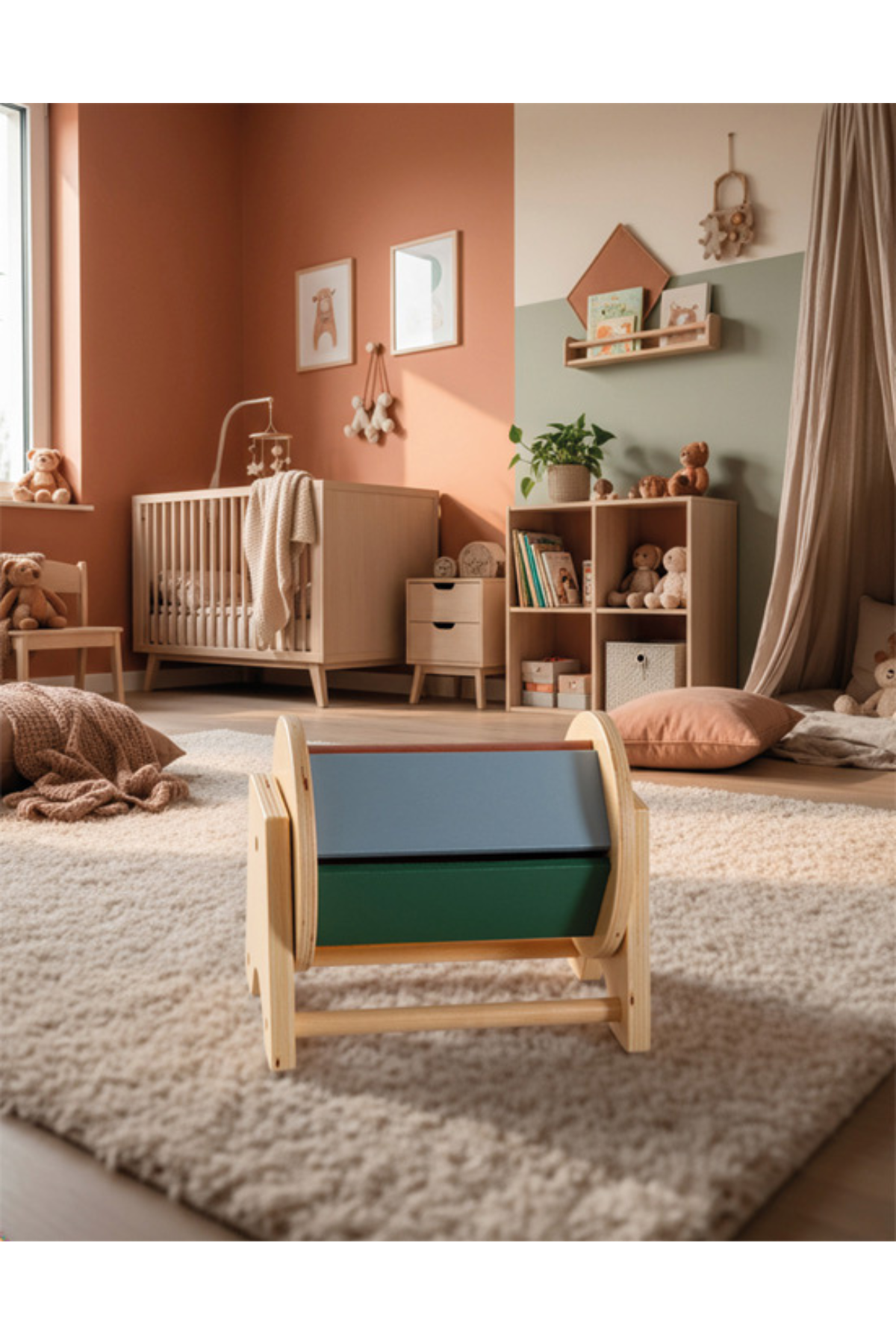 Montessori tromla á fallegu barnaherbergi – skynjunarleikfang fyrir ungbörn.