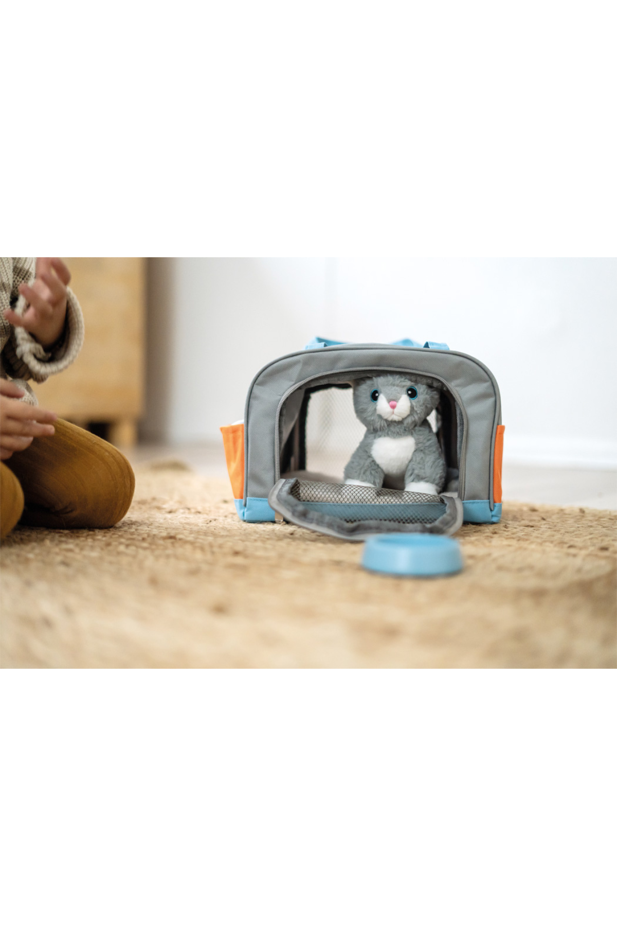 Mjúka kisudýrið situr í opnu búrinu með skál fyrir framan sig