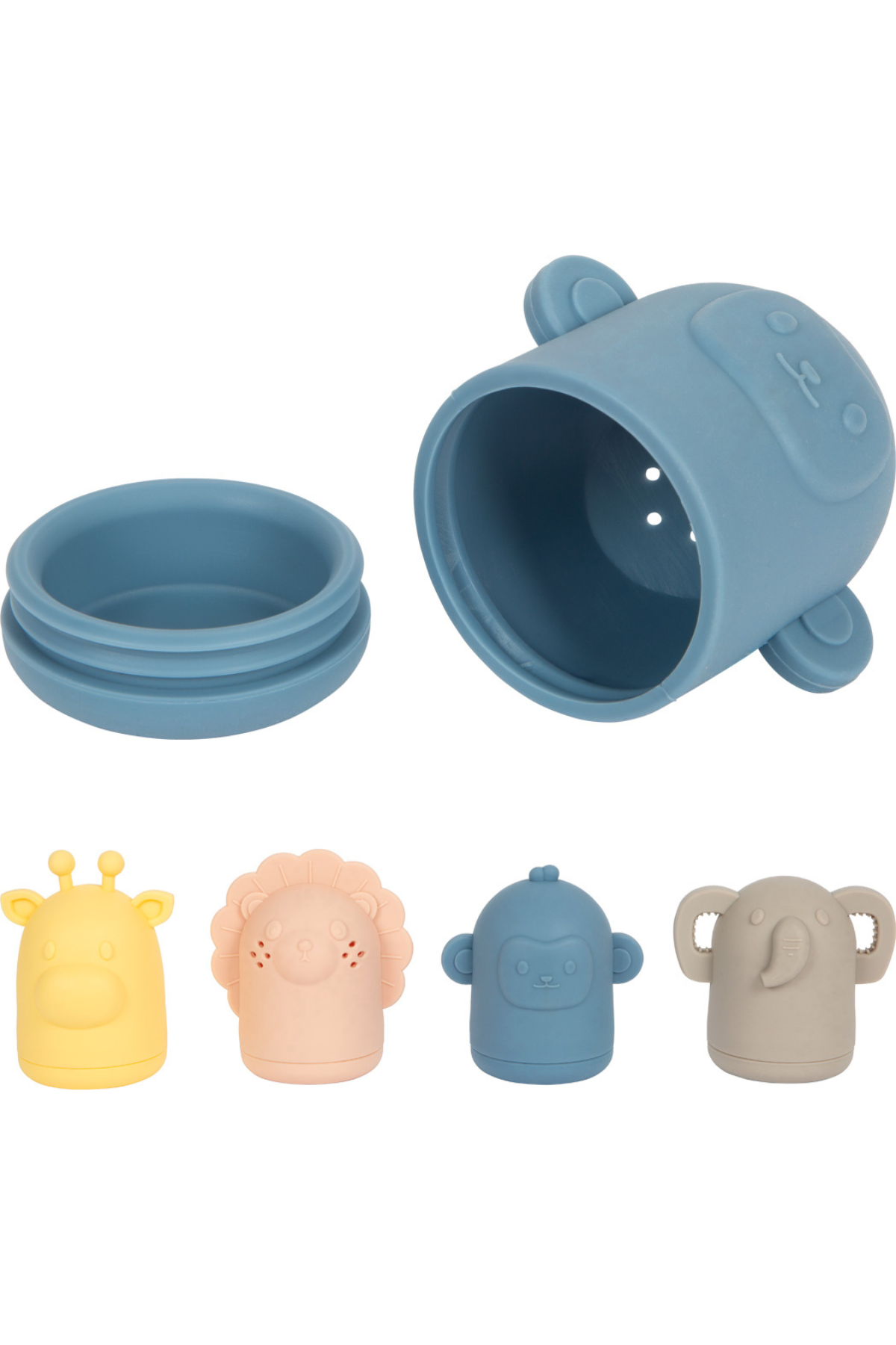 Opnanlegt sílíkon baðleikfang – api – sýnt með botni og innvolsi.
Fjögur sílíkon baðdýr í pastel litum – gíraffi, ljón, api og fíll.