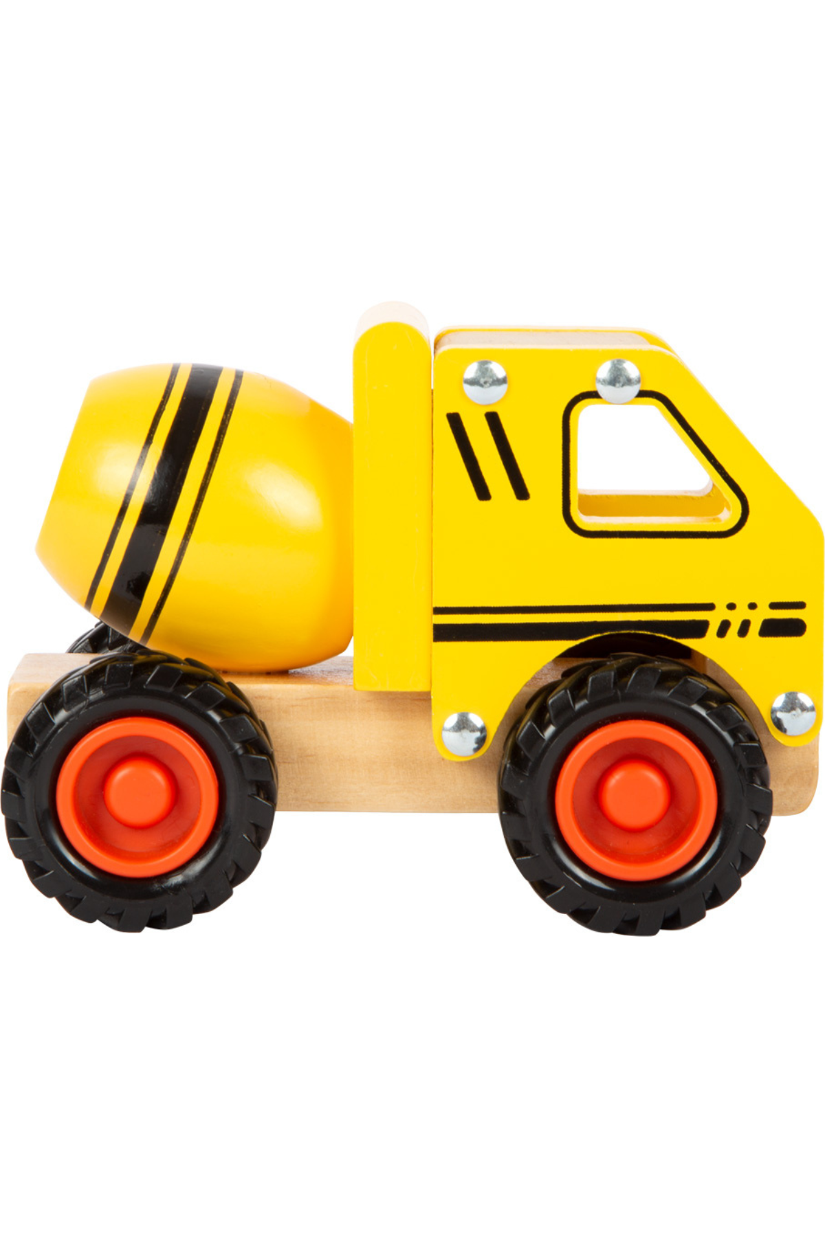 Gulur leikfanga steypubíll úr við séður frá hlið