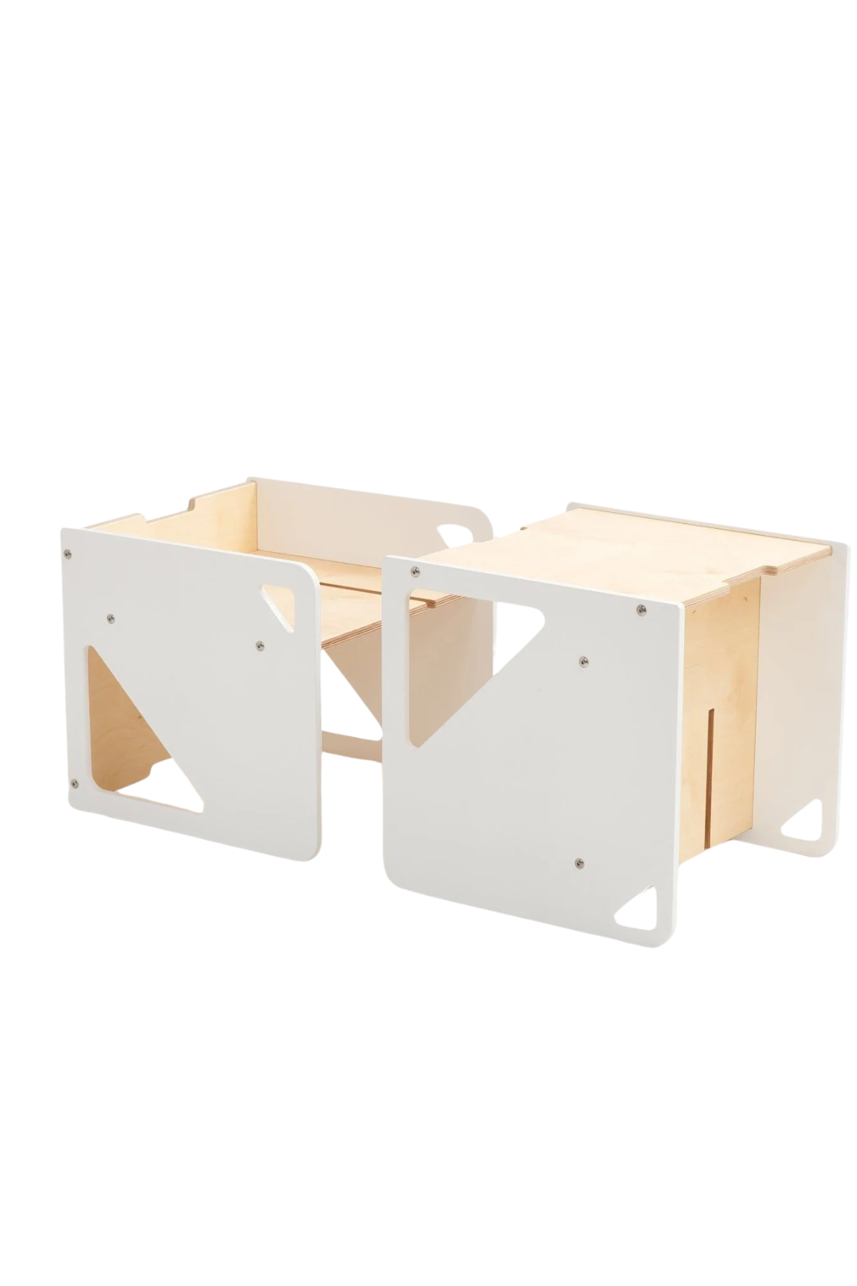 2in1 montessori cube sett í náttrúrulegum hvítum og viðar lit.