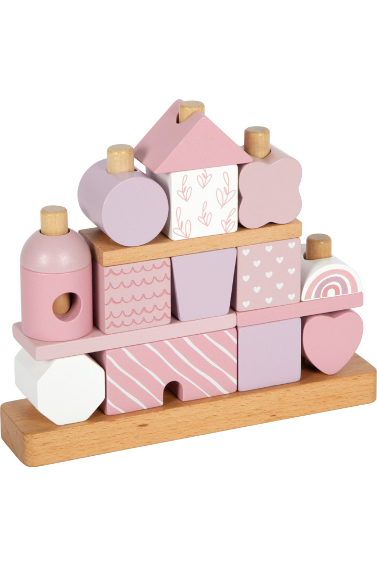 Viðar staflunarhús í bleikum litum, öll form sýnileg á hvítum grunni