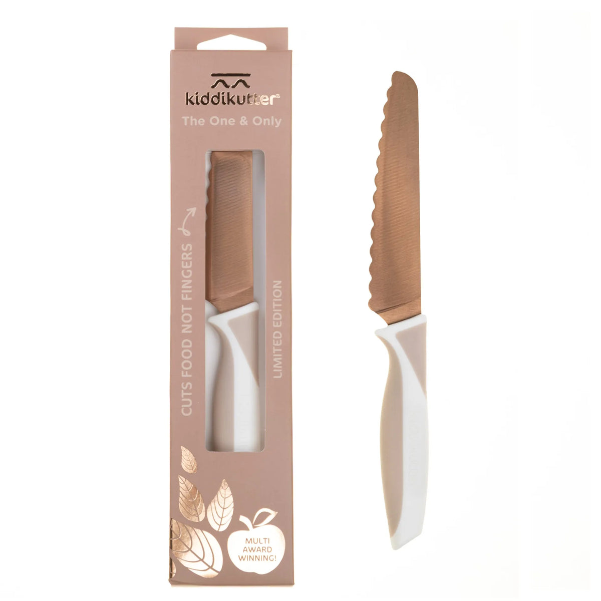 KiddiKutter barnahnífur Rosegold Limited Edition í umbúðum með hvítu handfangi
