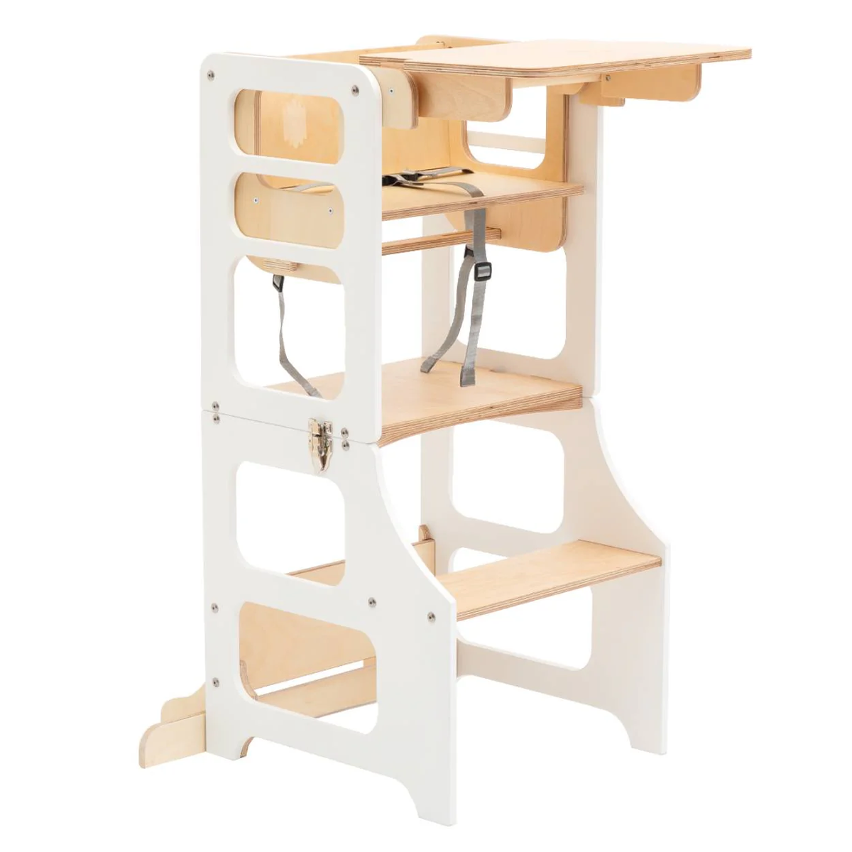 Hvítur 3in1 hjálparturn og matarstóll fyrir börn – step stool, matarstóll og leikstóll í einu