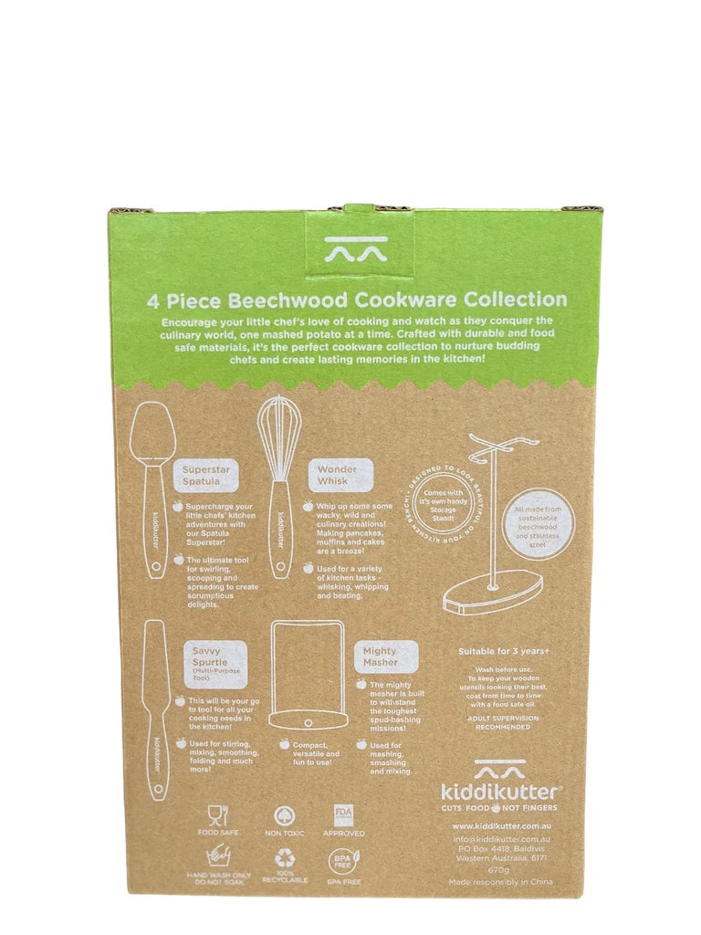 Aftan á umbúðum Kiddikutter eldunarsetti með lýsingu á innihaldi og notkun.