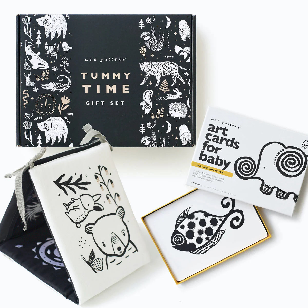 Tummy Time gift set with art cards for baby on a white background